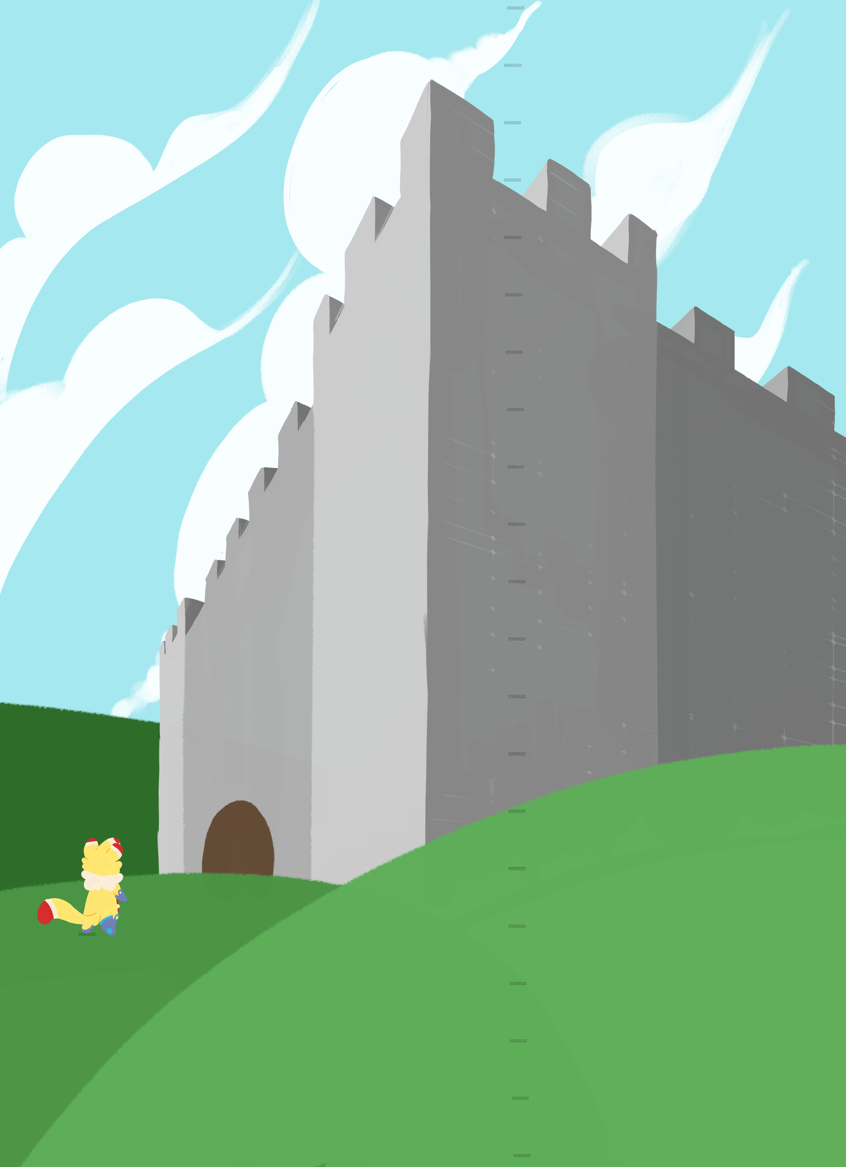 a small, yellow character stands in front of a large castle.