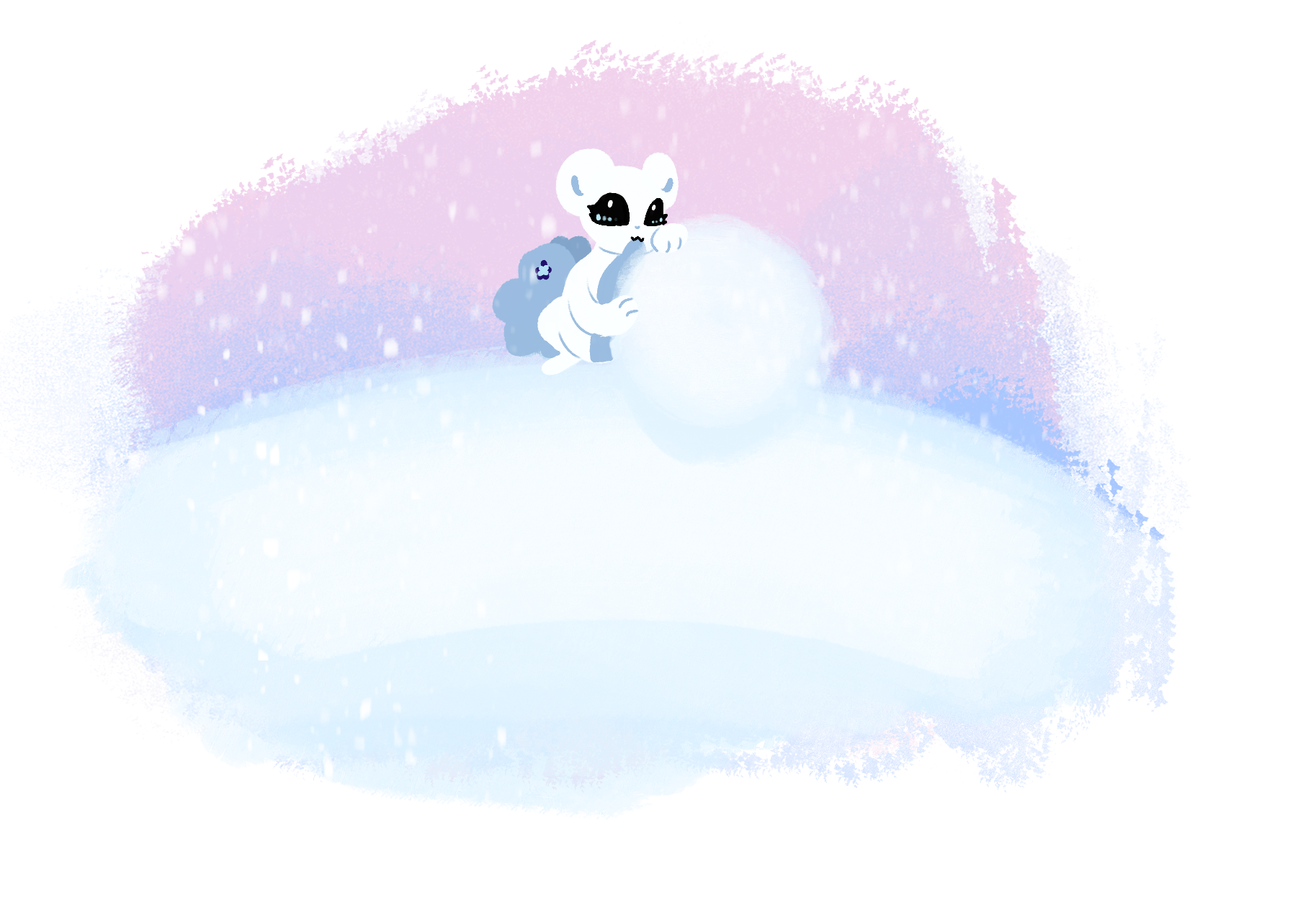 a lineless drawing of a white kikitsu (fox/kitsune themed lythian) playing in the snow. The background is painterly in style.