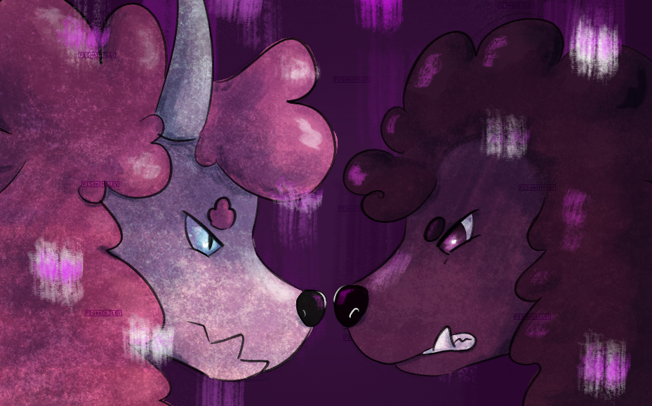 two pink dogs staring at each other