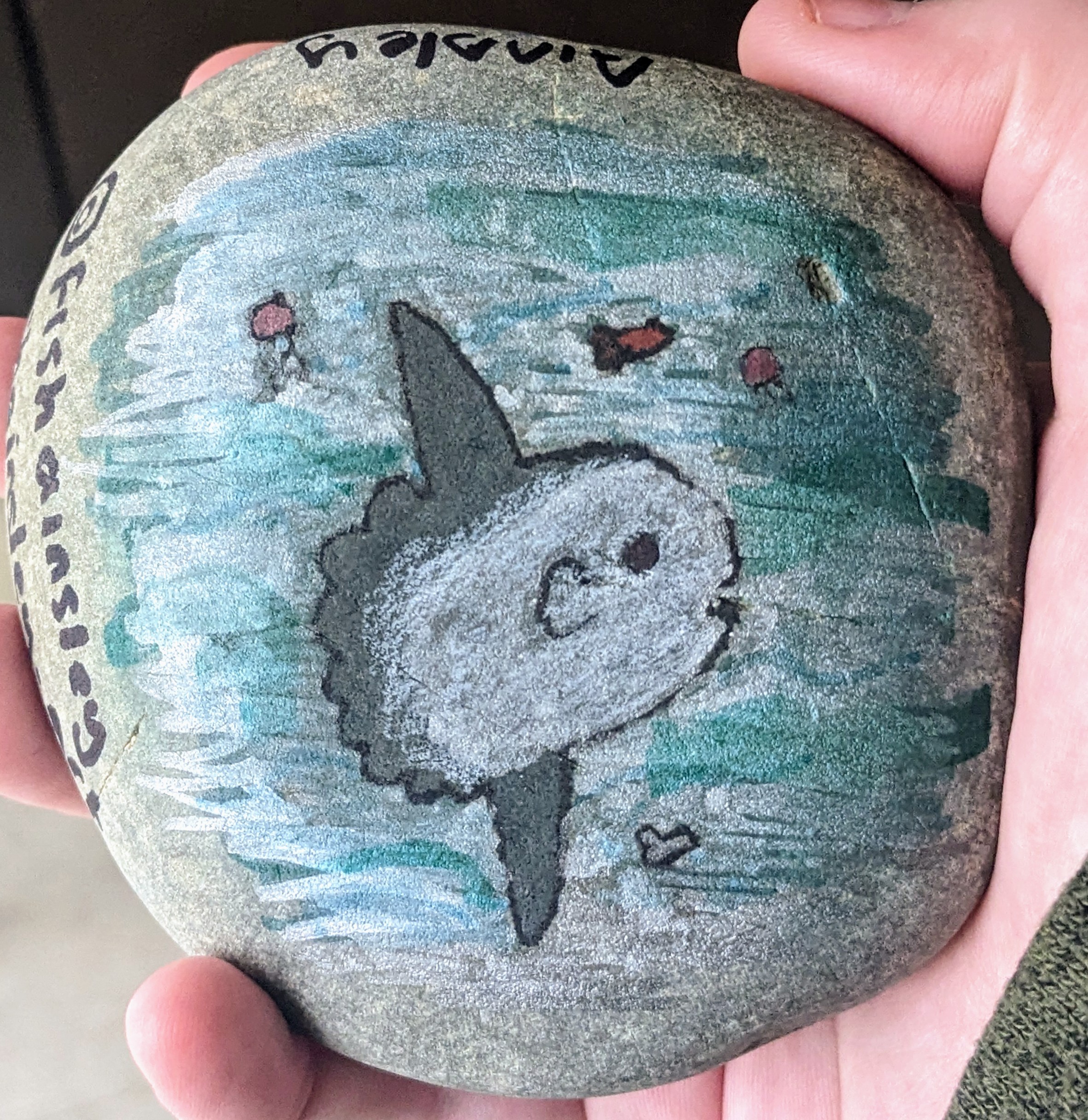 a rock with a Mola mola fish painted on it