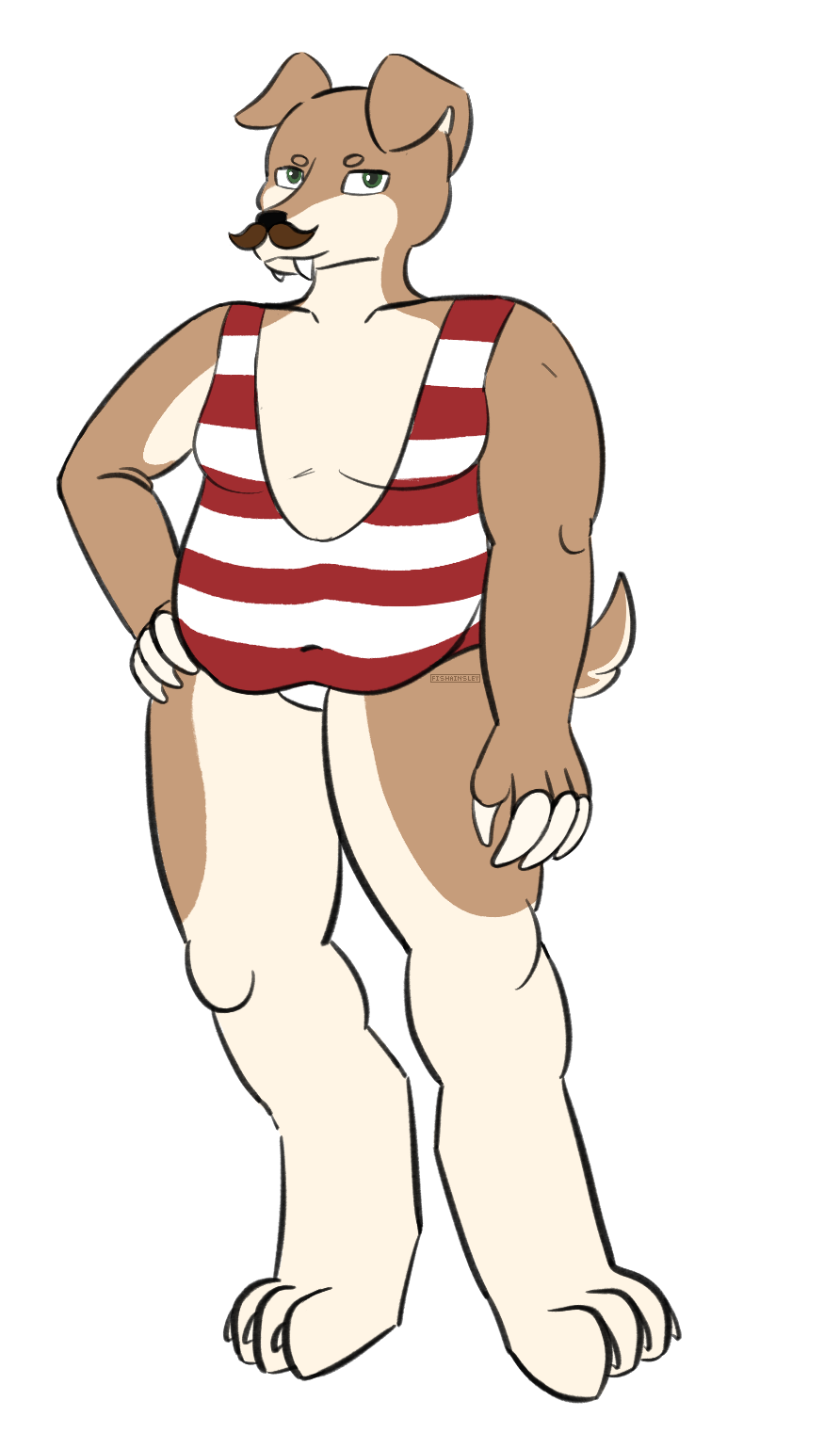 an anthro dog creature who is brown with a red and white striped swimsuit