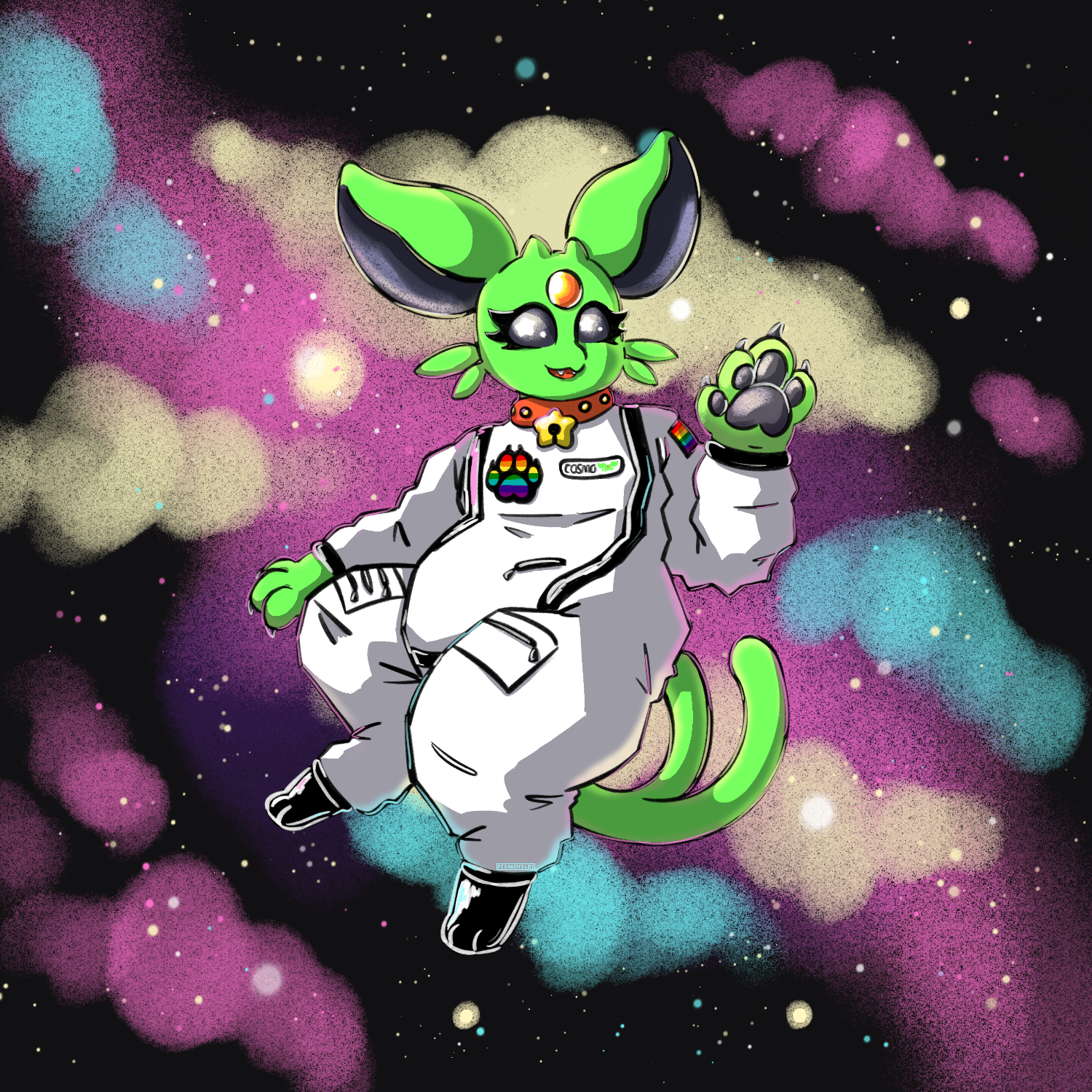A drawing of Cosmo, accutate to their fursuit but feautring them floating in space.