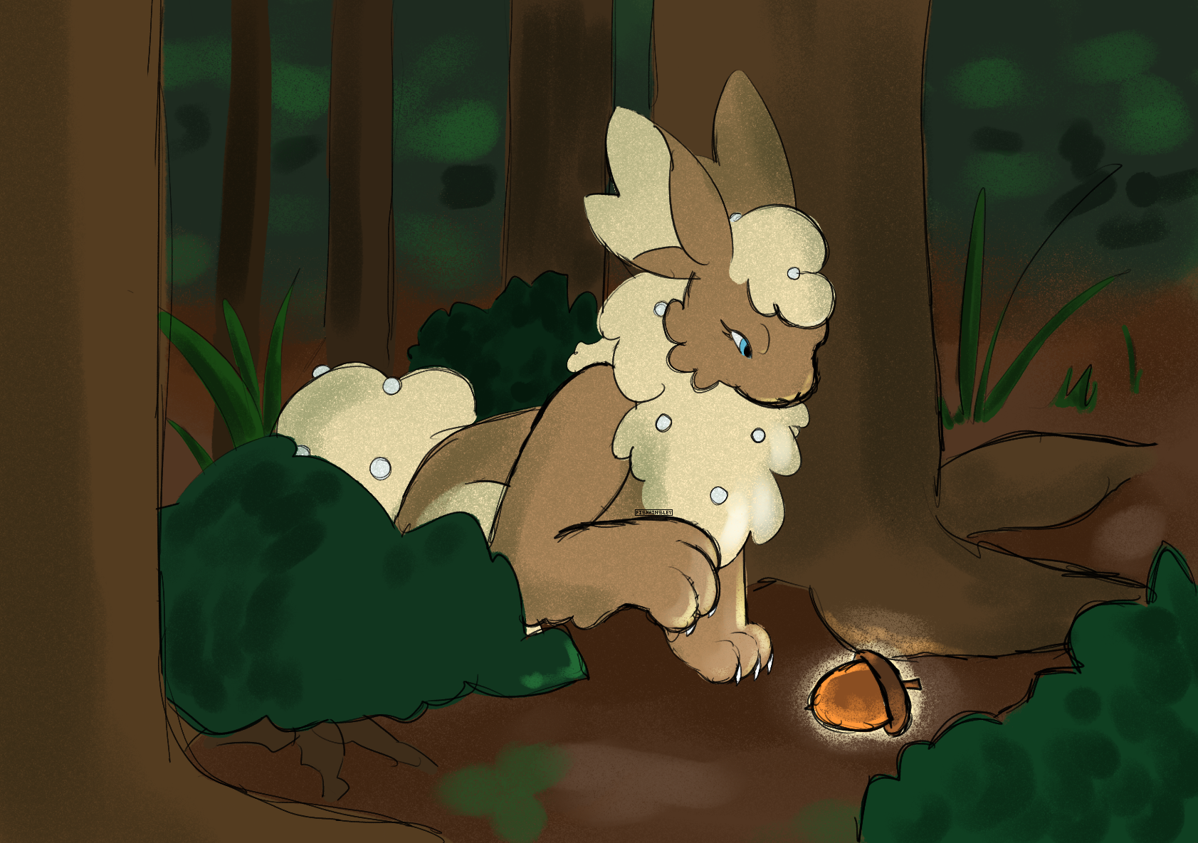 A bunny-like creature suspiciously approaches a glowing acorn in the forest