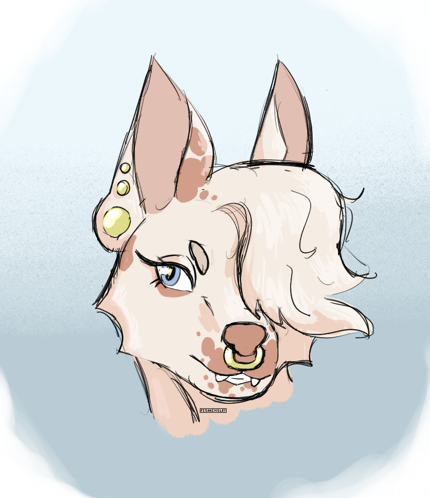 A headshot drawing of an anthro dog