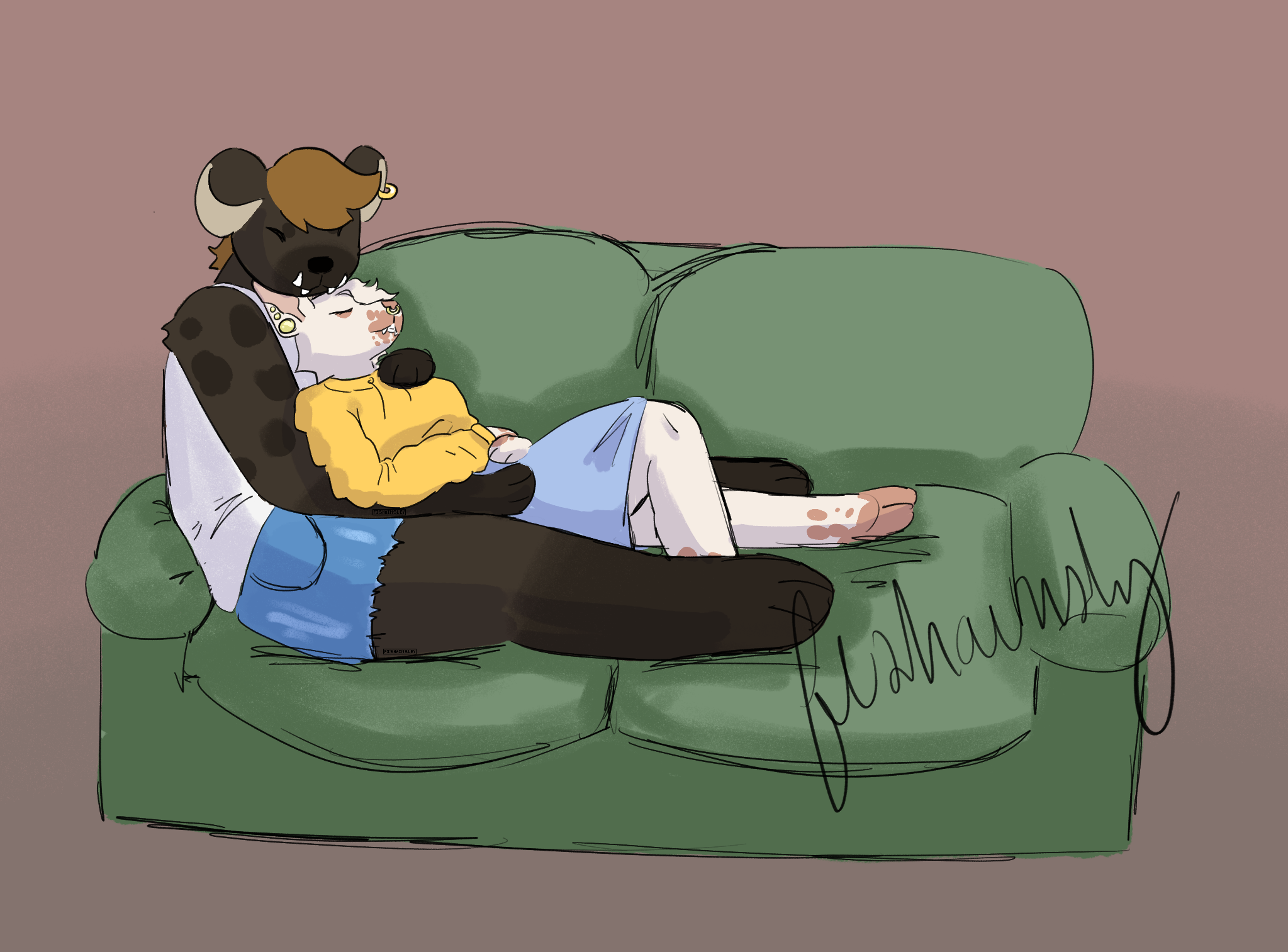 An anthro hyena and her anthro dog girlfriend cuddling on a couch