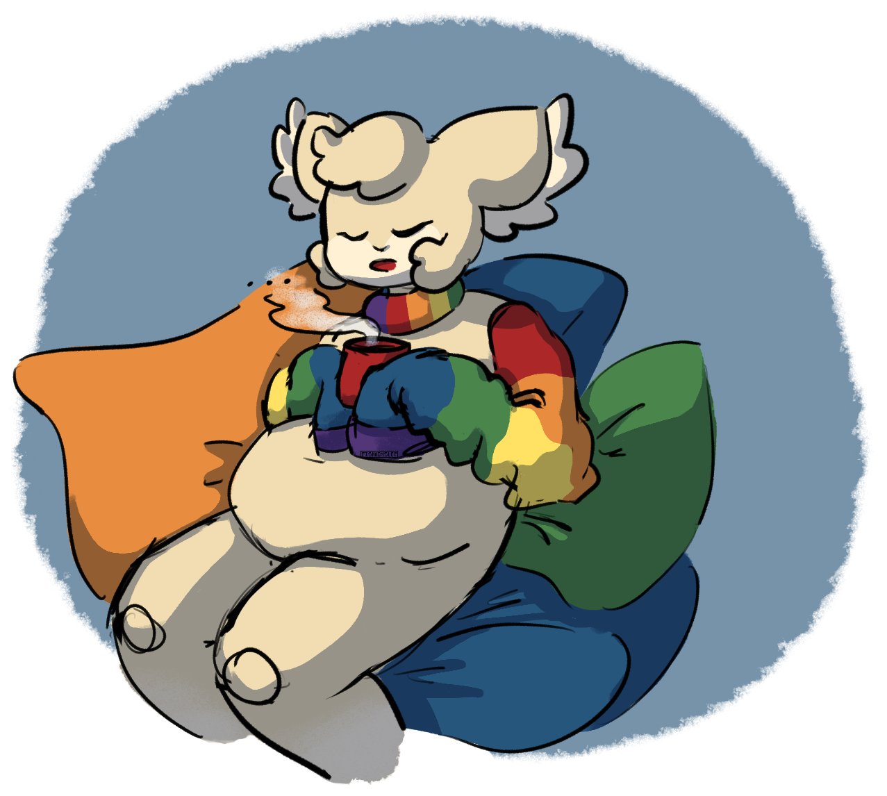 A thimblet (anthro stuffed animal with rainbow sweater arms) holding a cup of hot cocoa while sitting down