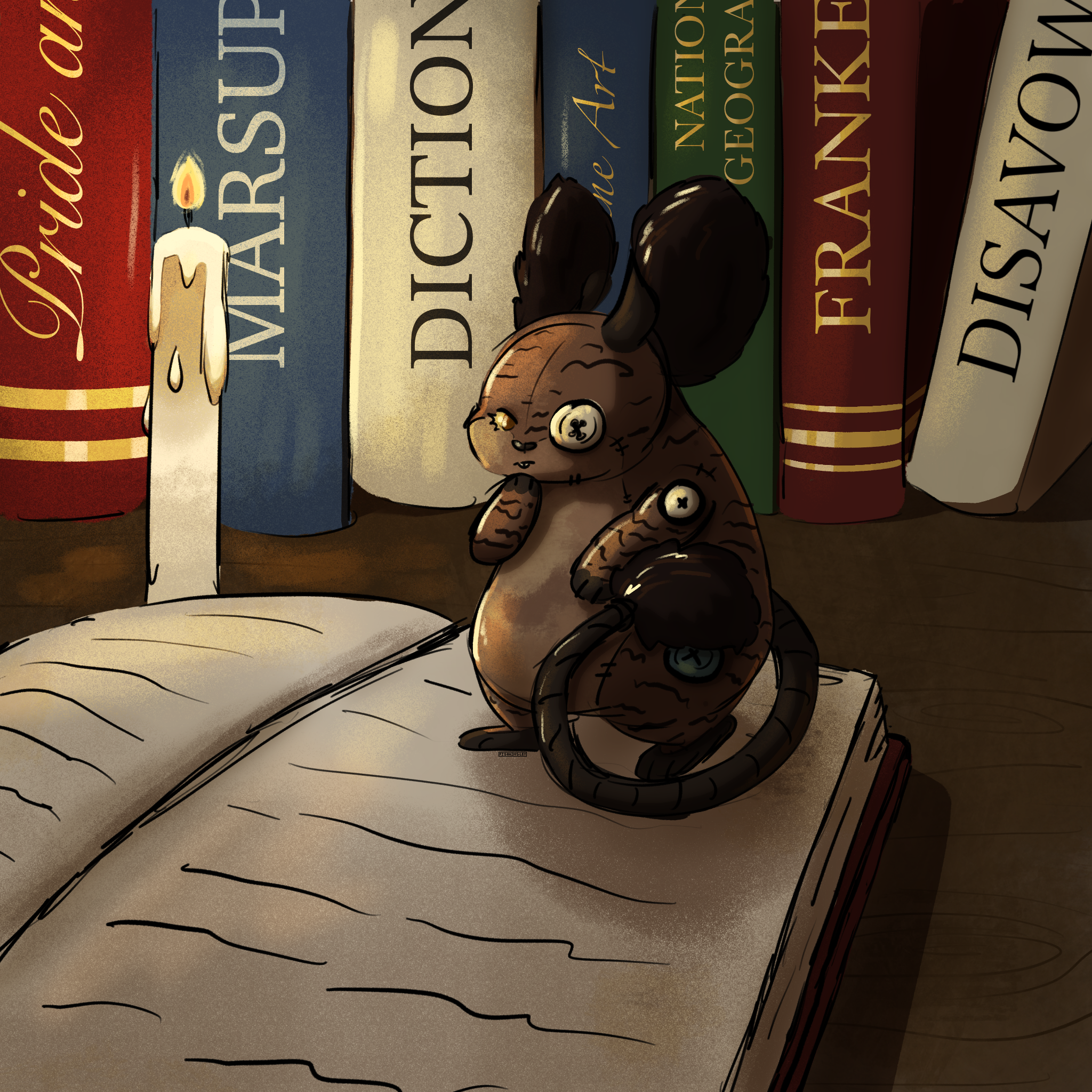 A plush mouse-like creature reading a book by candlelight.
