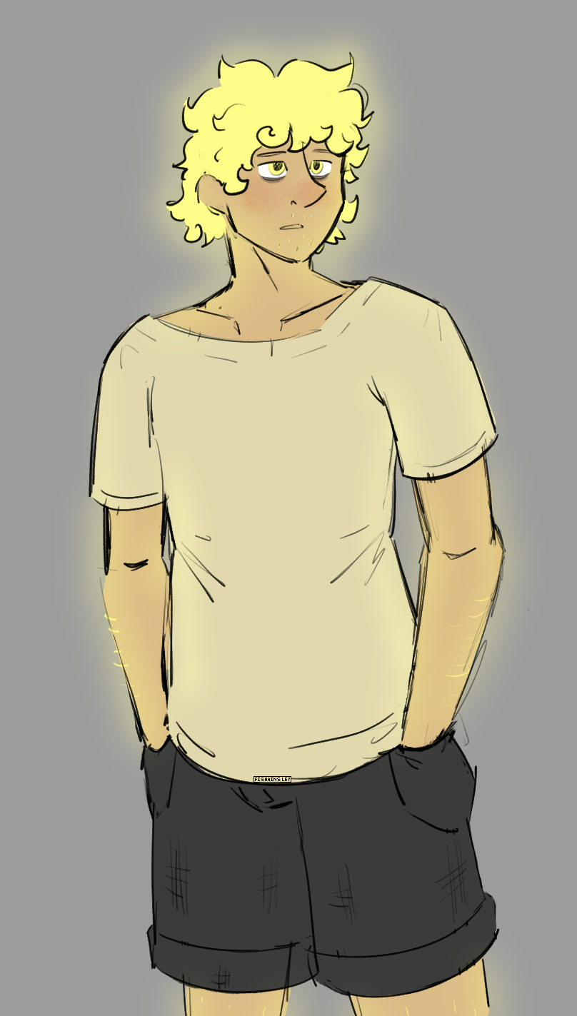 A drawing of a glowing man with blonde hair and yellow eyes, and brown skin. He is gaunt and looks tired.