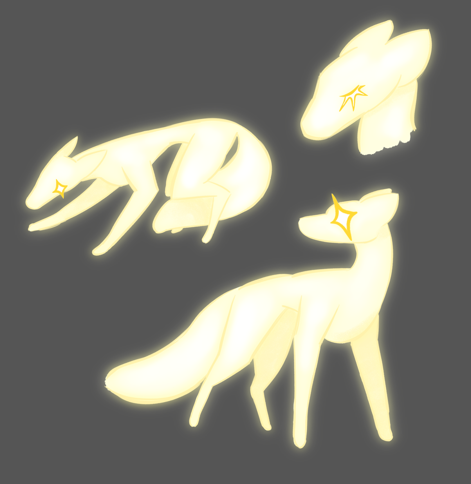 Three drawings of a glowing fox spirit. One is cowering, one is standing, and one is a closeup of the head.