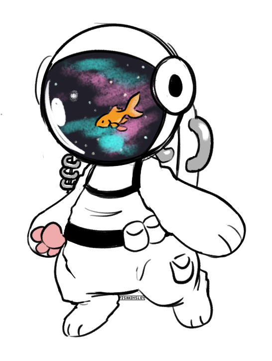 a chibi astronaut. inside the astronaut mask is a galaxy with a comet goldfish swimming in it.