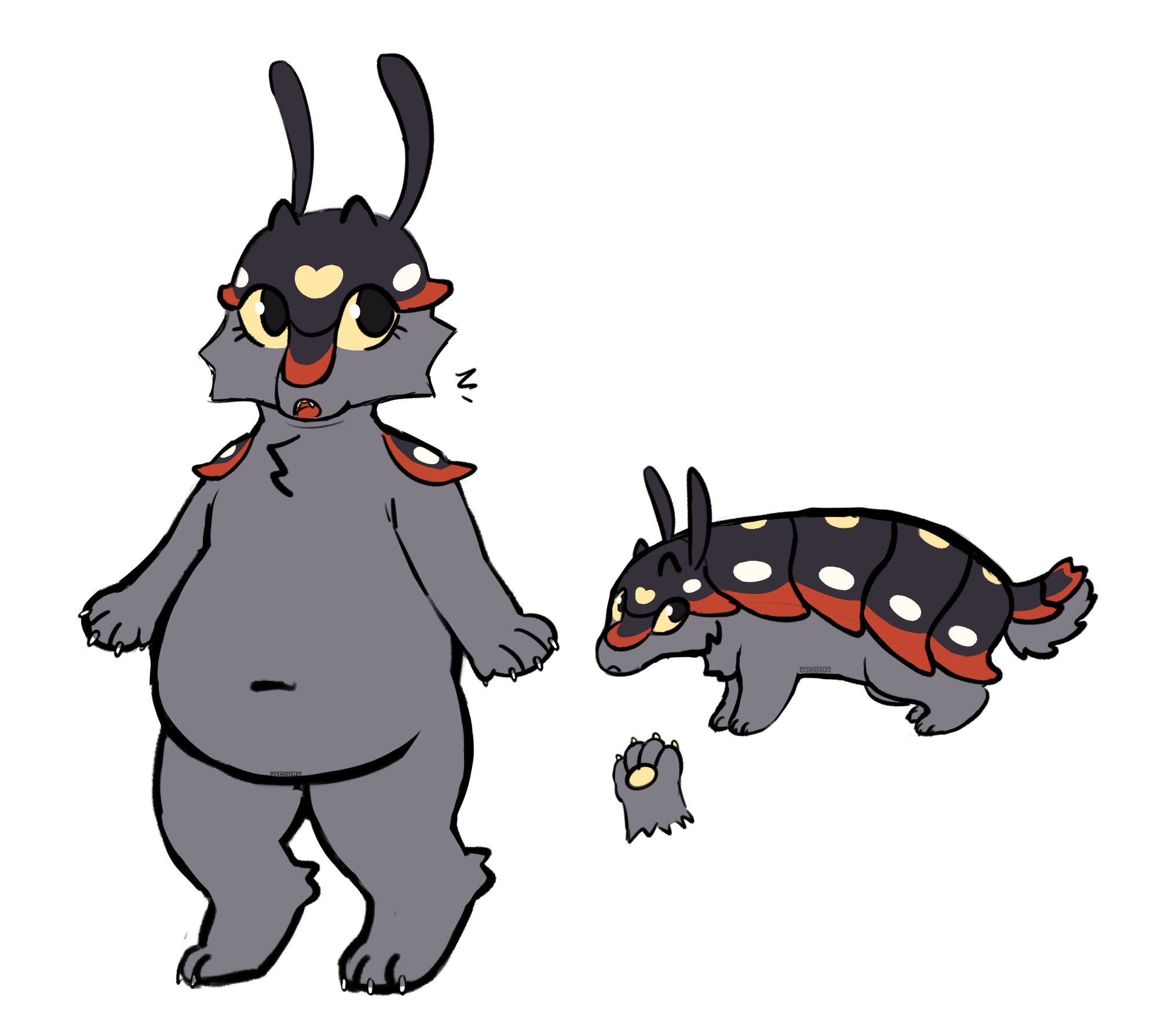 Image of two forms of a dark grey isopod character with red and yellow markings, one anthro and one feral.