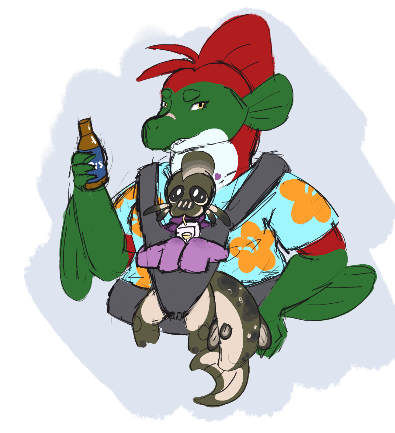 A chubby anthro salmon carrying a small anthro catfish in a baby carrier. Both are holding alcoholic beverages