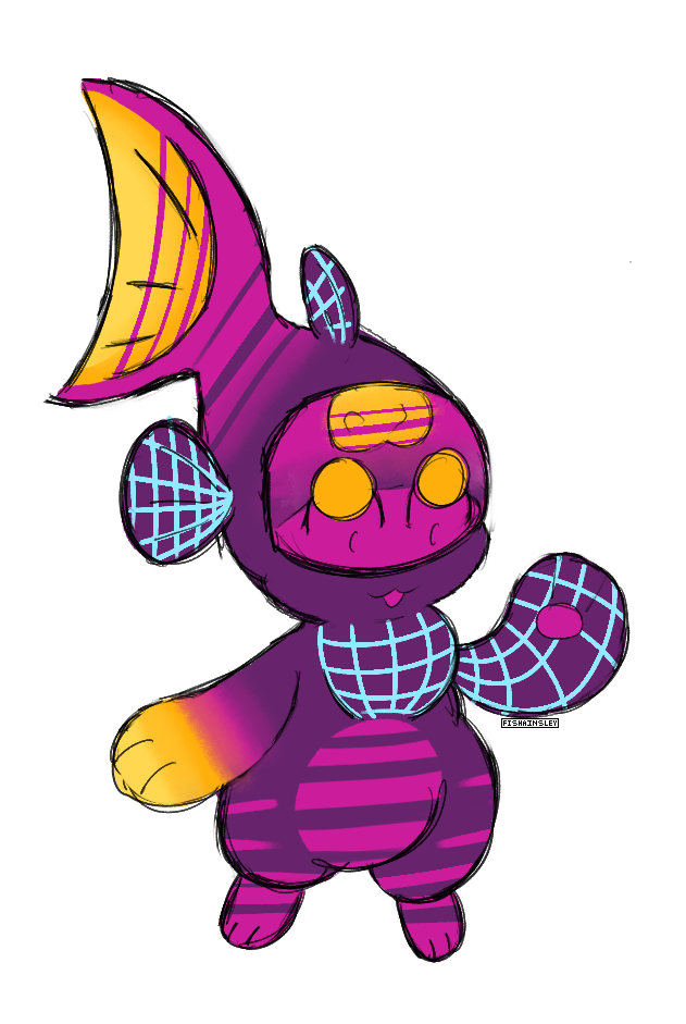 A chibi drawing of an anthro barreleye fish with a vaporwave design.