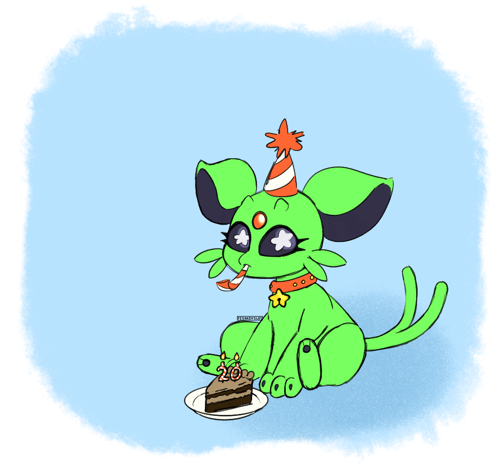 a green espeon sitting next to a slice of chocolate cake. they are wearing a party hat and noisemaker.