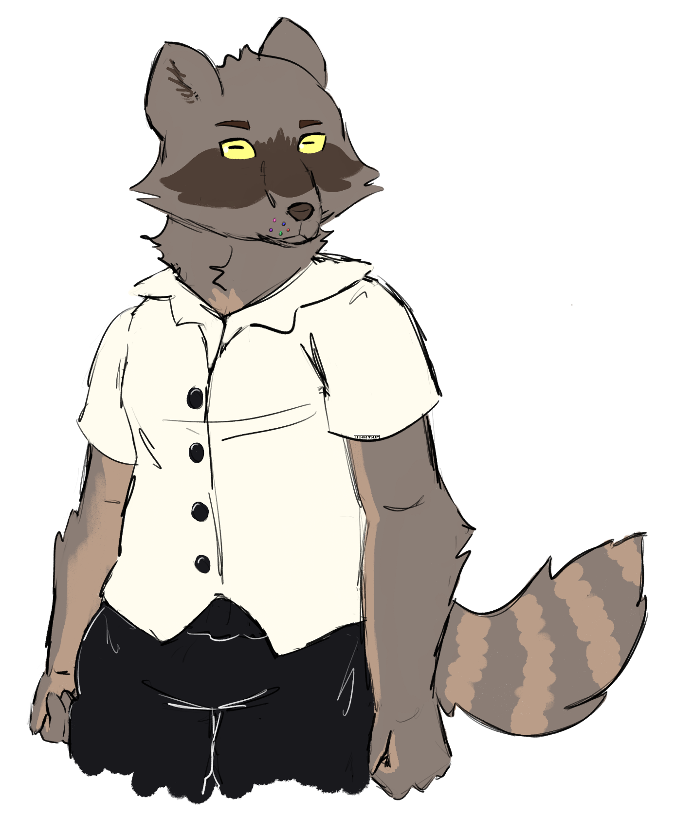 A drawing of a brown raccoon-like anthro in a button-up shirt and sweats.