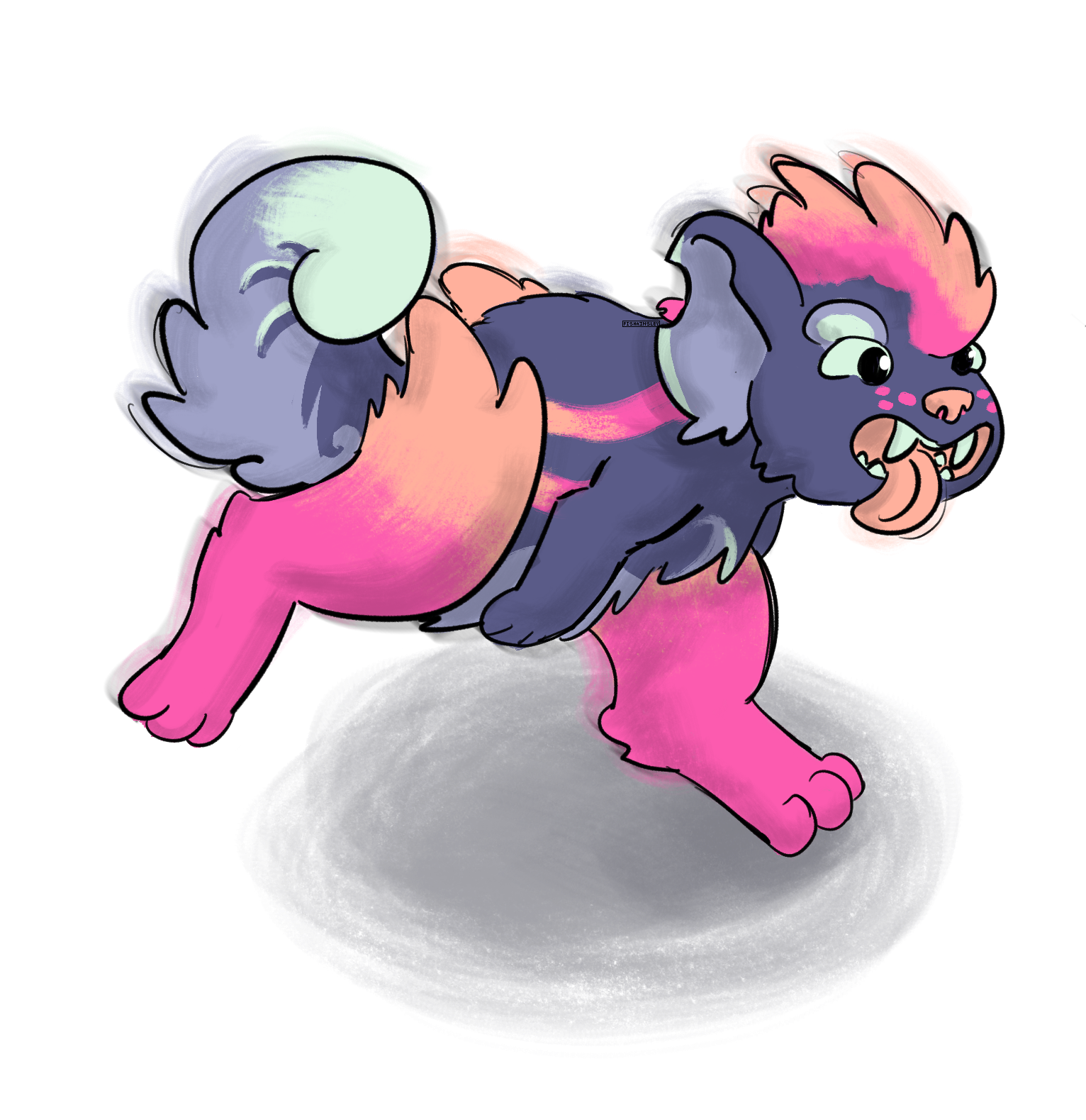 a drawing of a brightly colored hyena-dino hybrid creature running