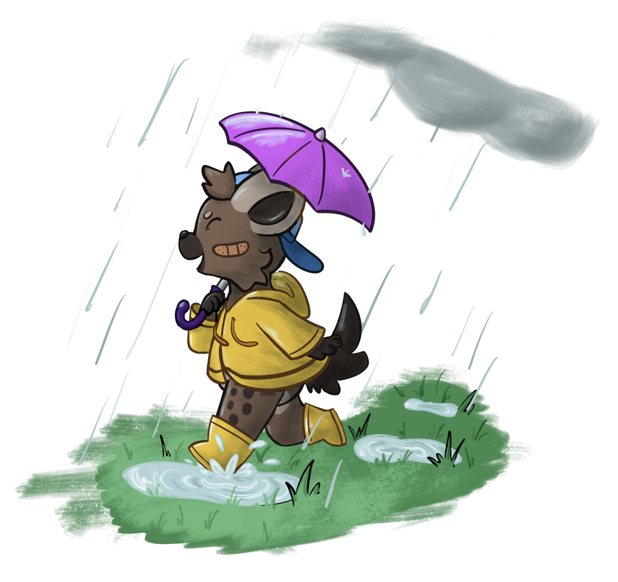 A chibi hyena in a raincoat and boots running through puddles