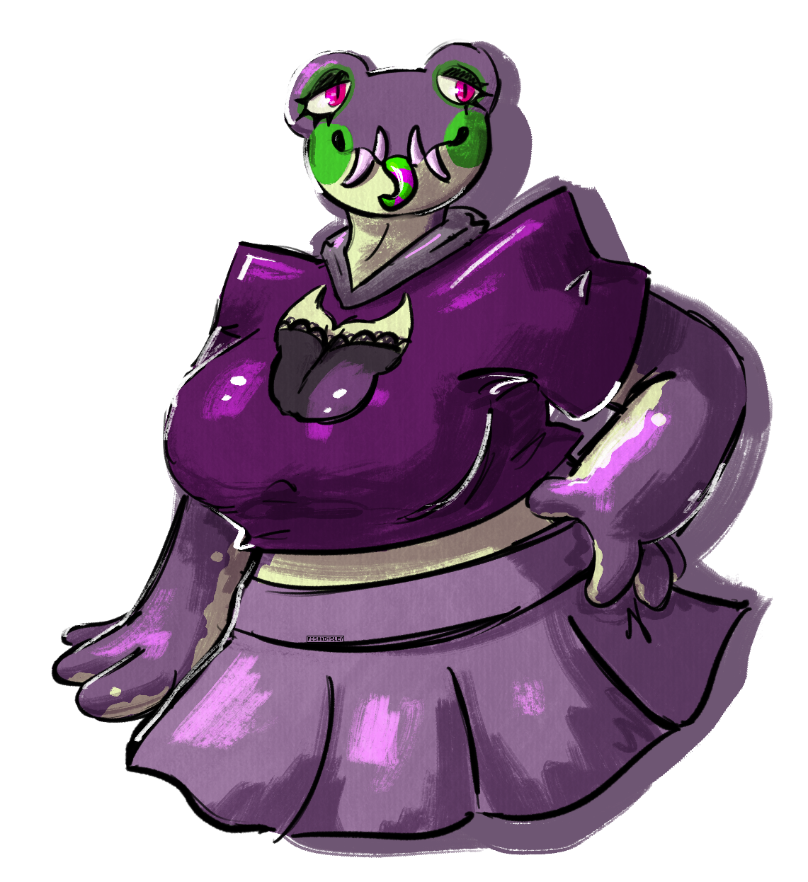 A drawing of a chubby purple anthro frog with oni tusks and a long tongue.