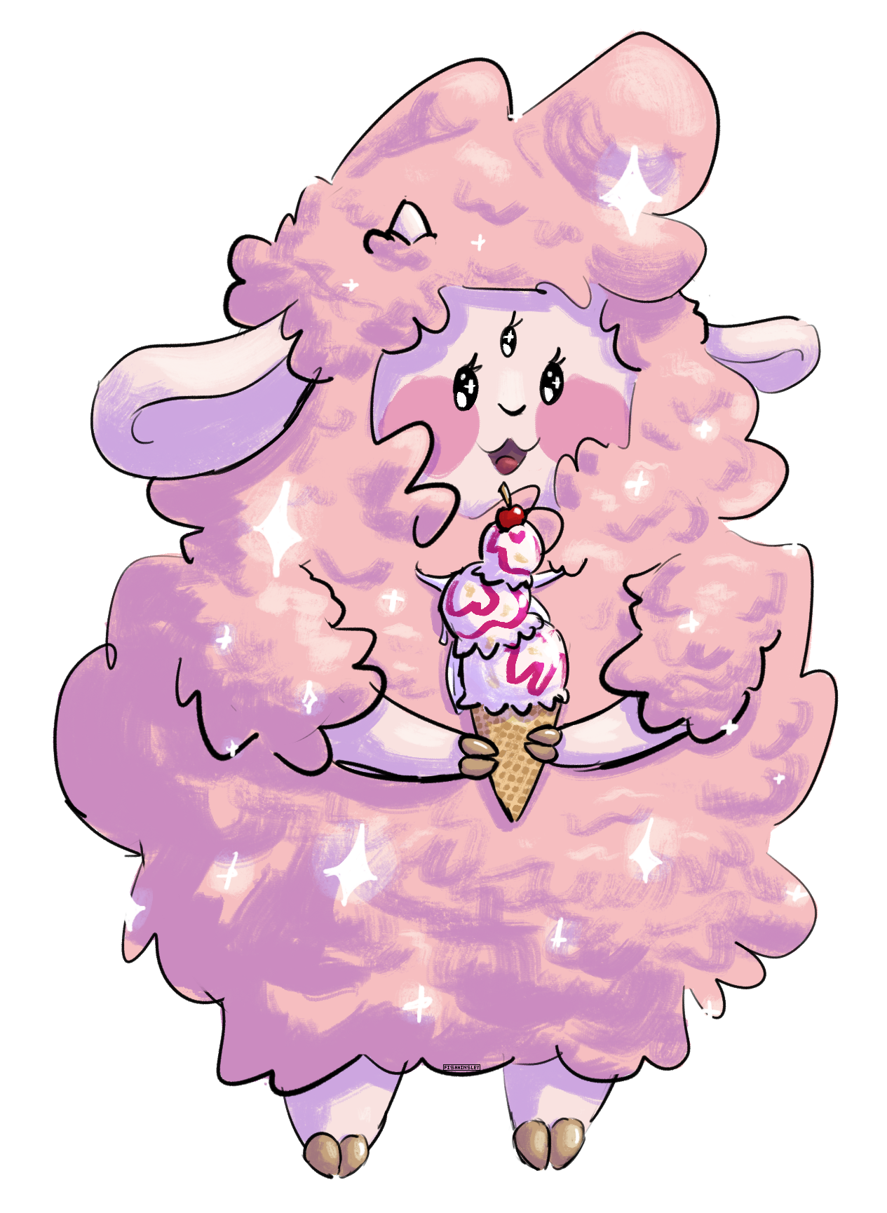 a drawing of a pink sheep with three eyes holding a strawberry cheesecake ice cream.