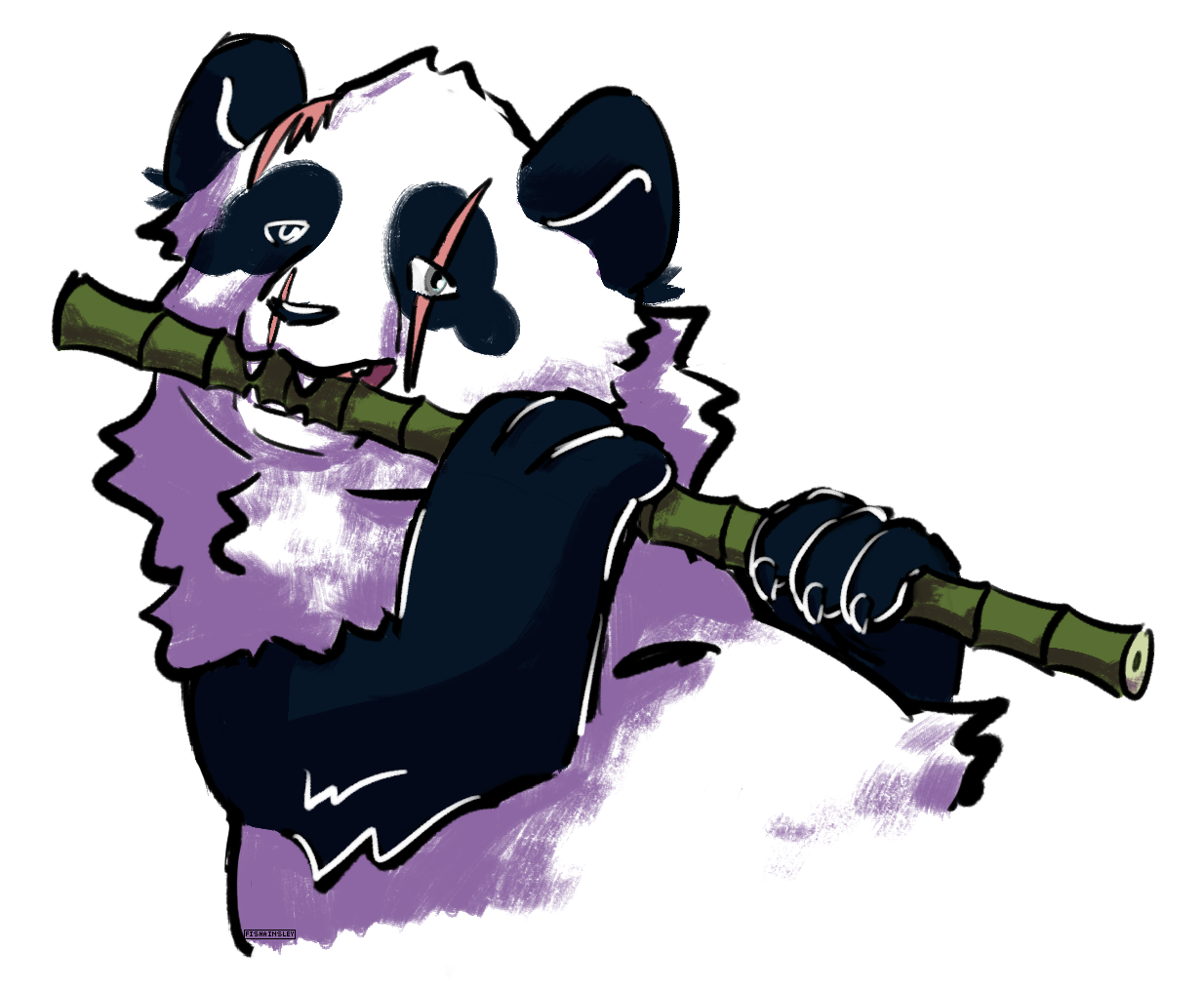 A drawing of a heavily scarred giant panda eating some bamboo.