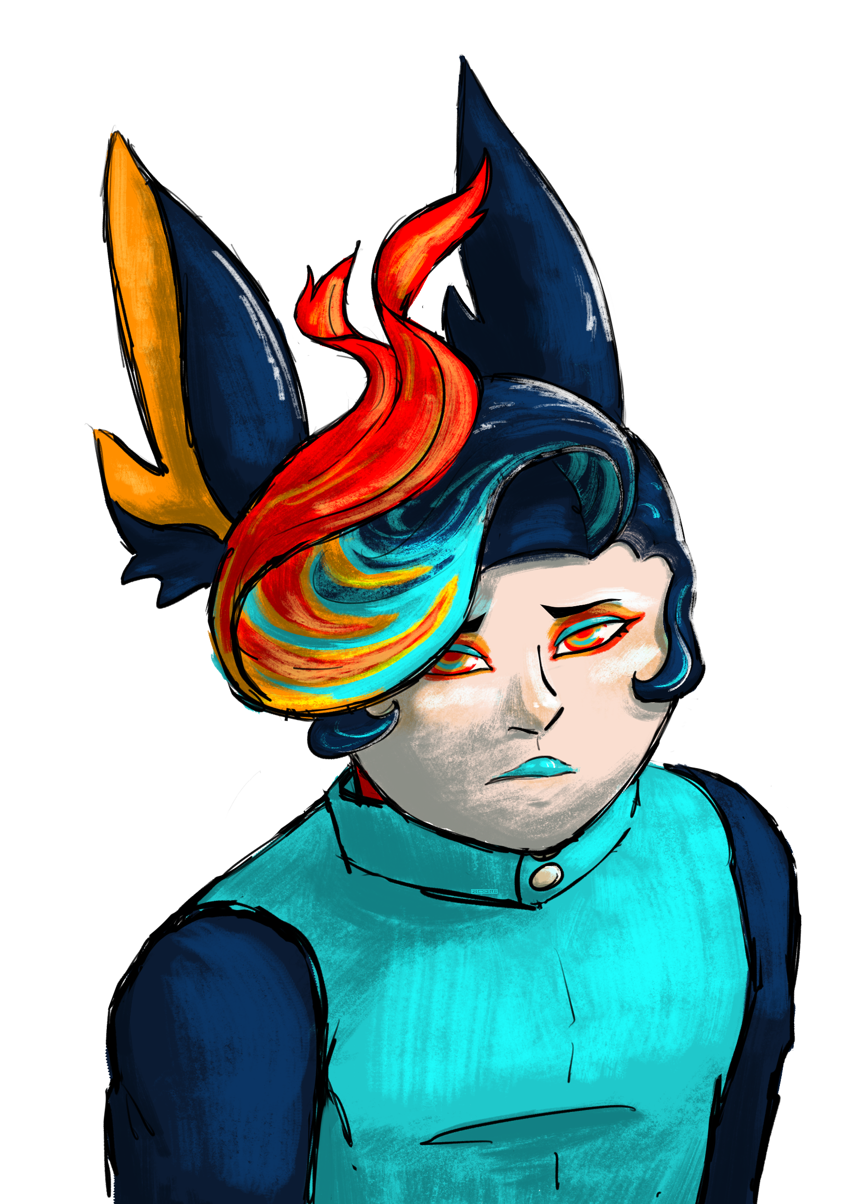 A bust of a character with fiery blue hair and bunny ears.