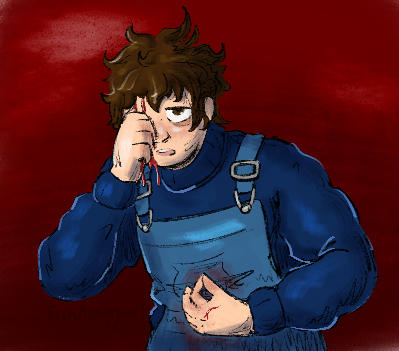 A drawing of a young man in blue overalls cowering. One hand covers scratches over his eye, which drip blood. His other hand is on his stomach, over a red stain on his clothes.