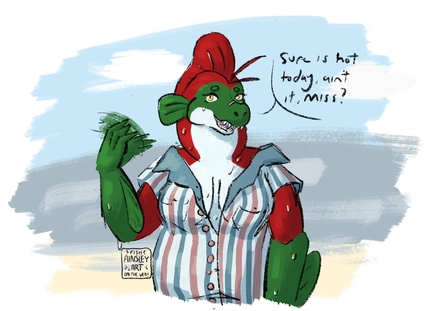 an anthro salmon wearing a half-buttoned trans flag shirt says “sure is hot today, ain't it, miss?” She is sweating profusely and fanning herself. The background is abstract but suggests a beach.