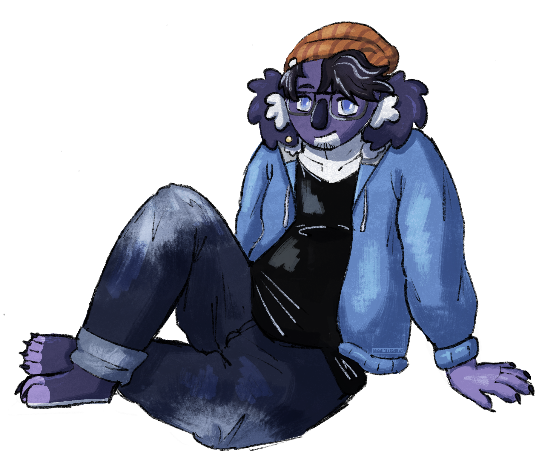  a drawing of an anthro koala wearing a hoodie and jeans, sitting in a relaxed position.