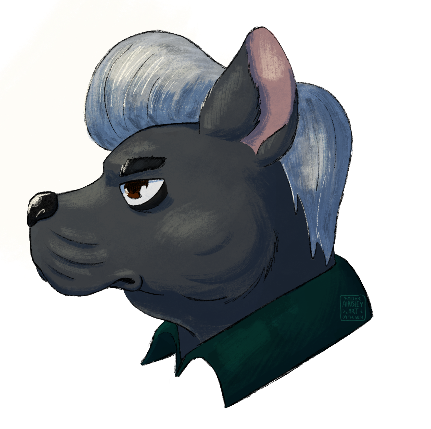 A drawing of a dark grey Cane Corso with a pompadour and a sour expression