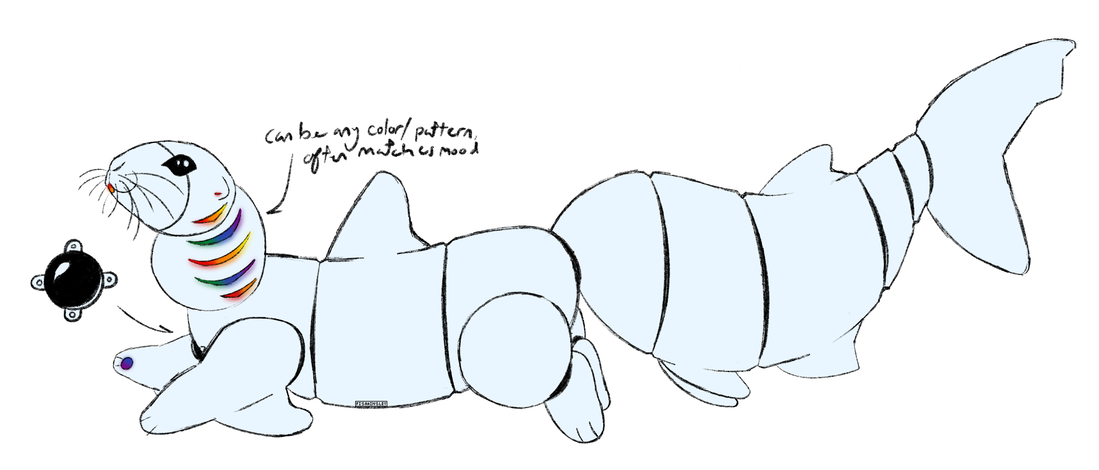 an amicabot with an otterlike body shape, a shark tail, and five glowing gill slits. the inner ears, mouth, and pawpads also glow.