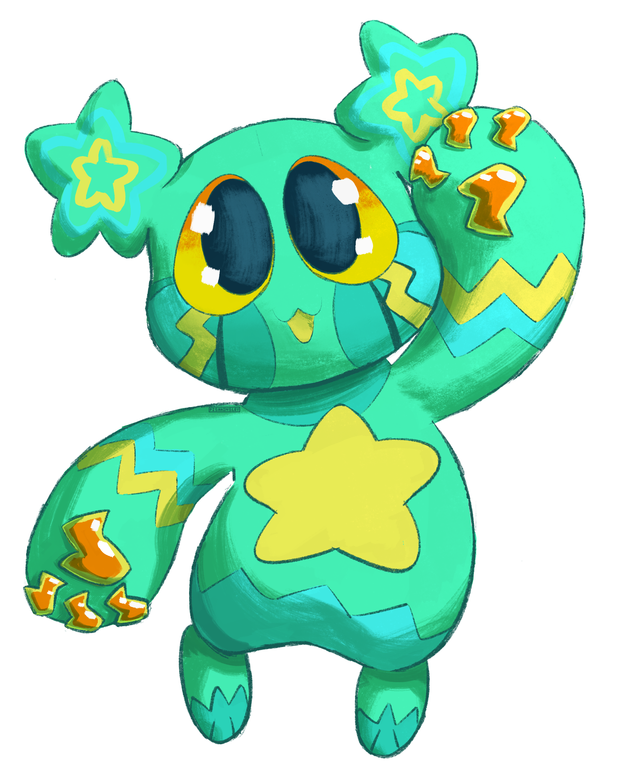  [ID: a drawing of a teal chibi robot with yellow and cyan lightning bolt motifs. END ID]