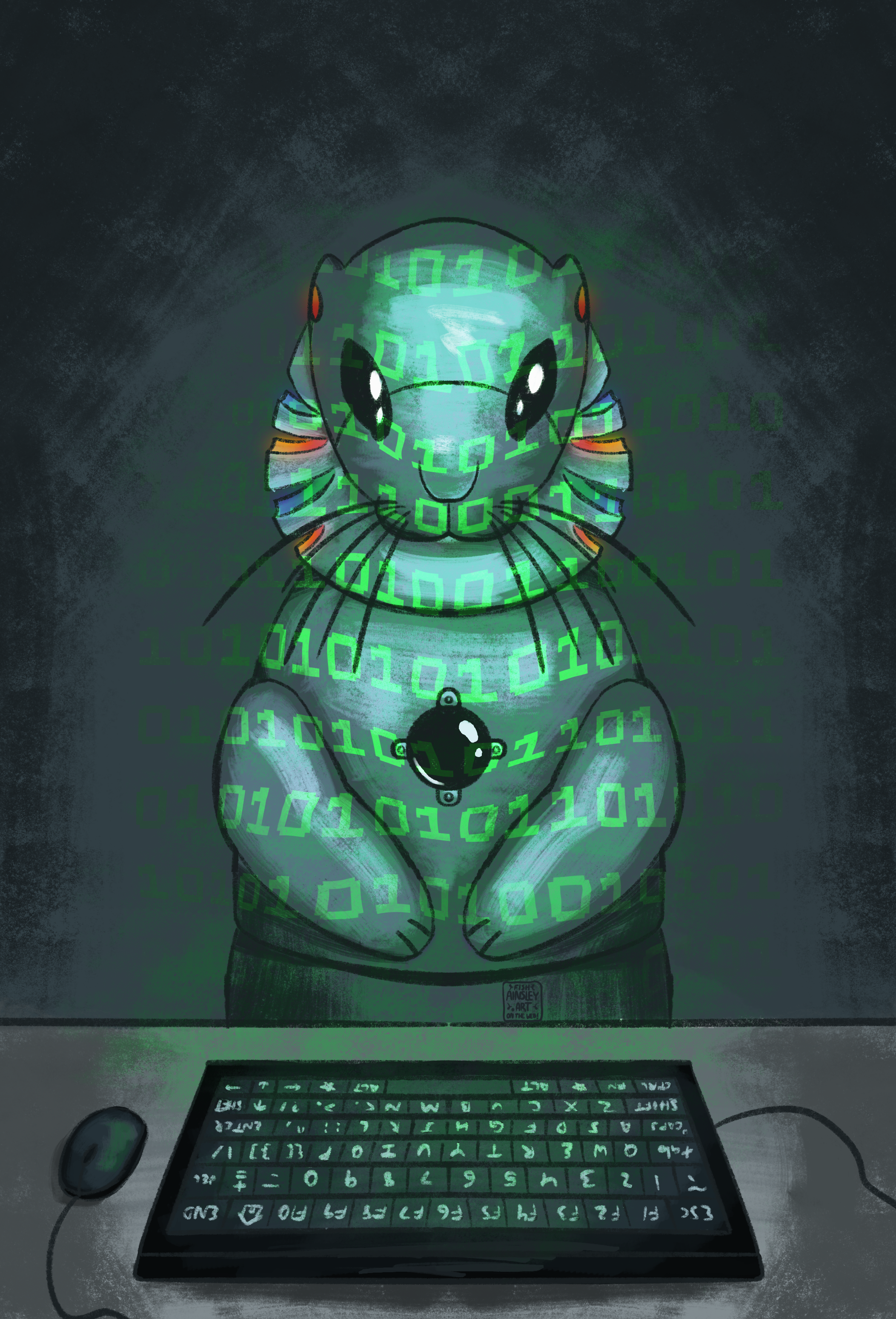 A white otter robot lit up by ones and zeroes from a computer screen.