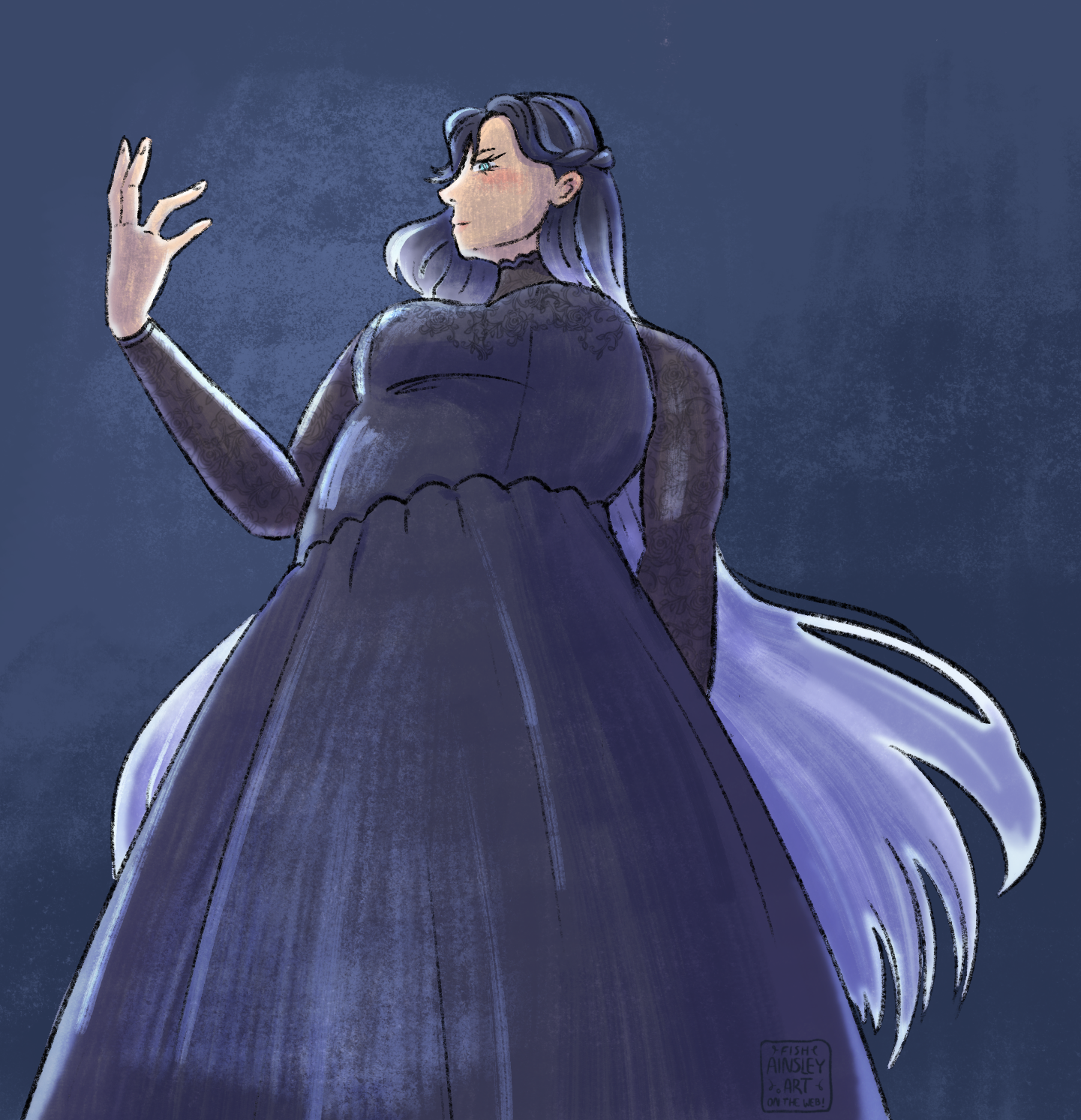 A drawing of a regal woman with blue hair and a purple dress.