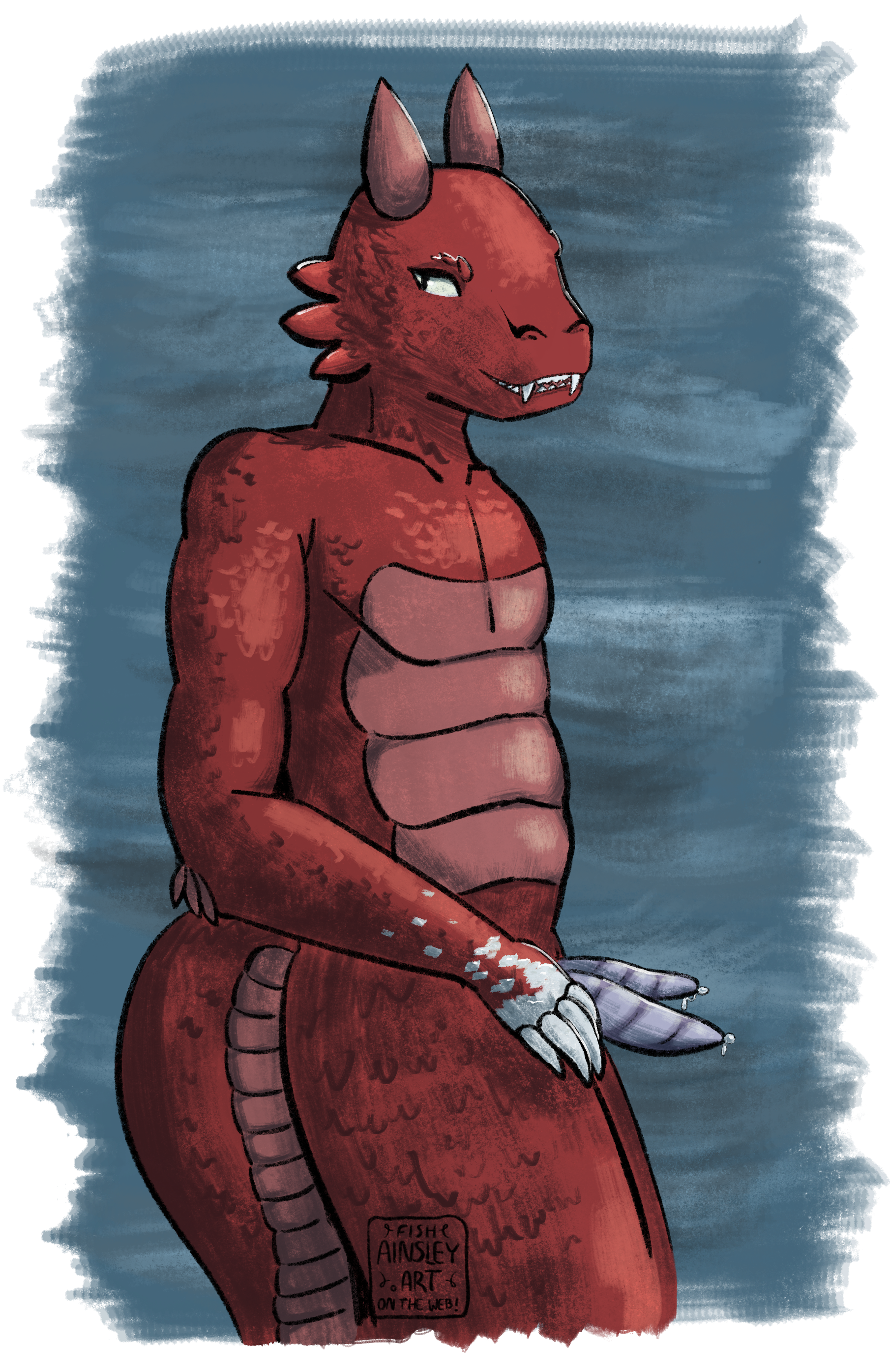 a drawing of a red kobold presenting his hemipenes