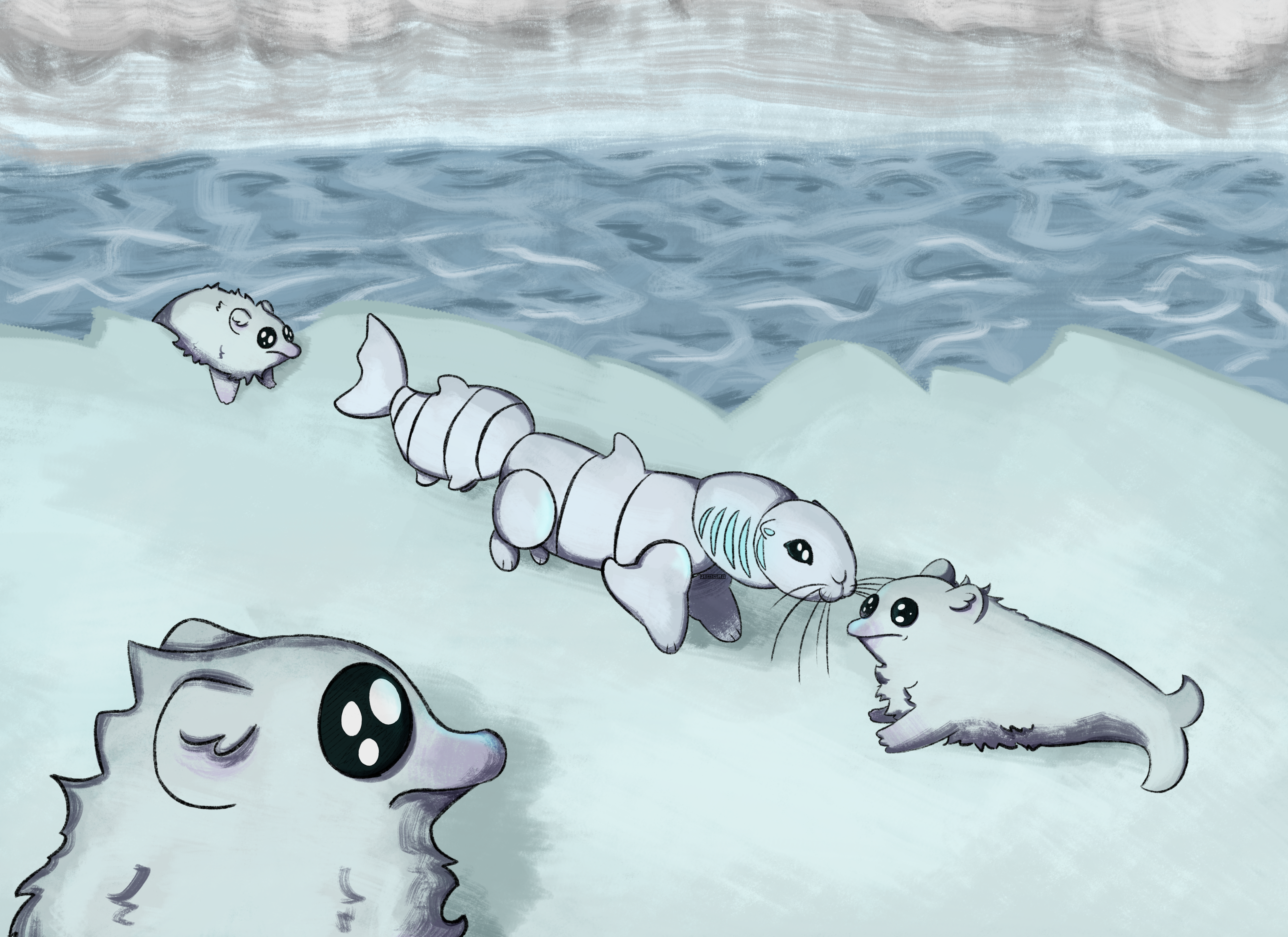 an otterlike amicabot looks at some fucked up seals on an ice floe