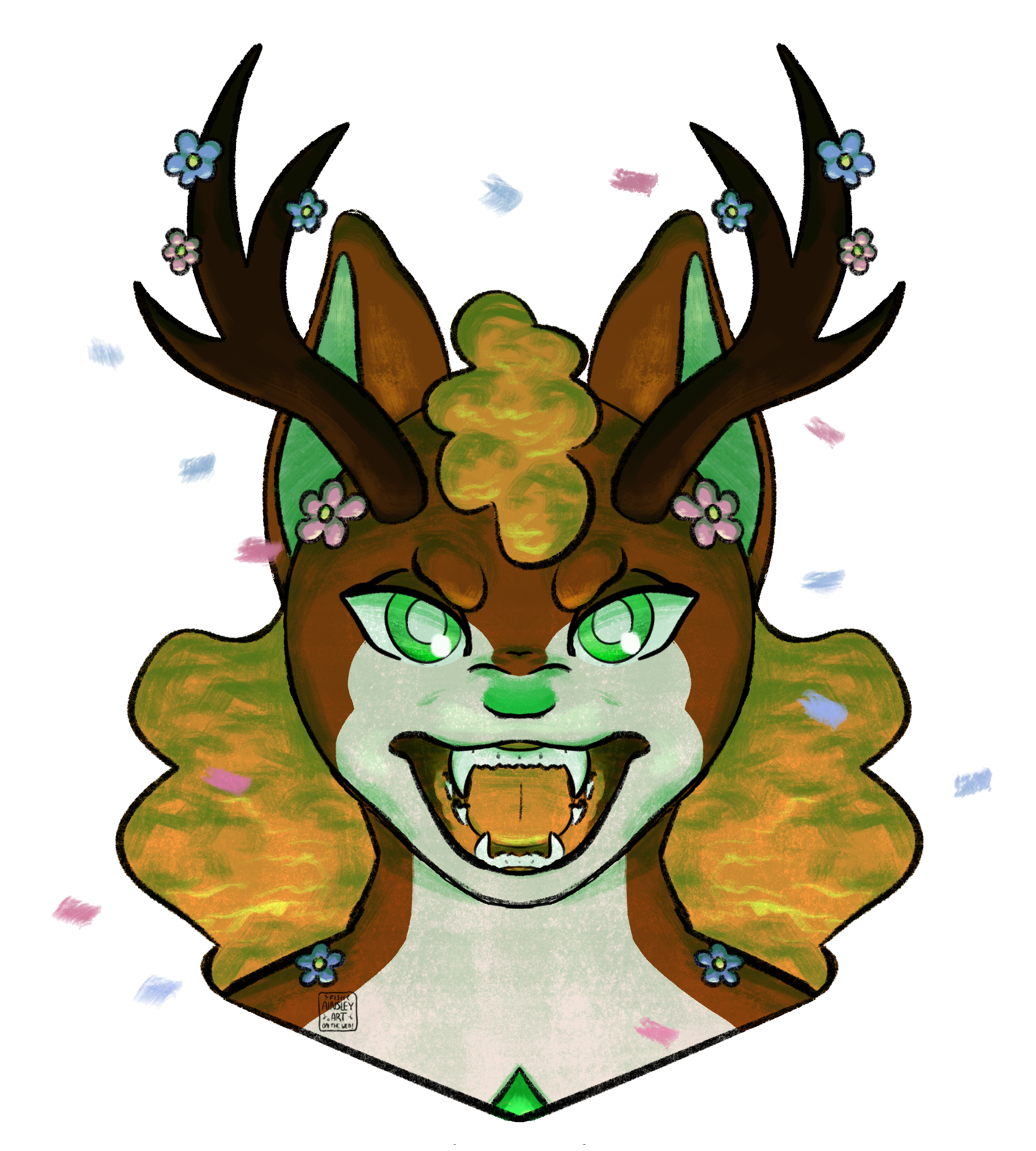 a drawing of a snarling anthro with deer horns and flower accessories.