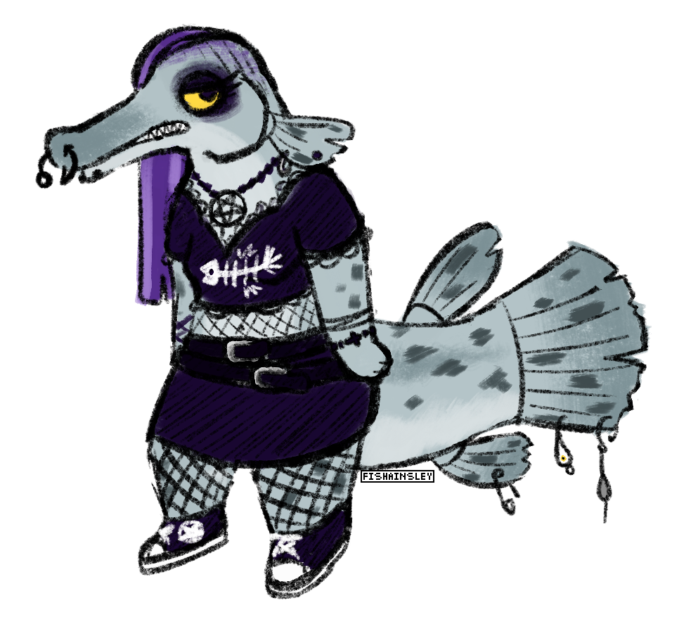 a drawing of an anthropomorphic alligator gar. she is blue-grey in color and wearing a black and purple goth-inspired outfit. she looks grumpy.