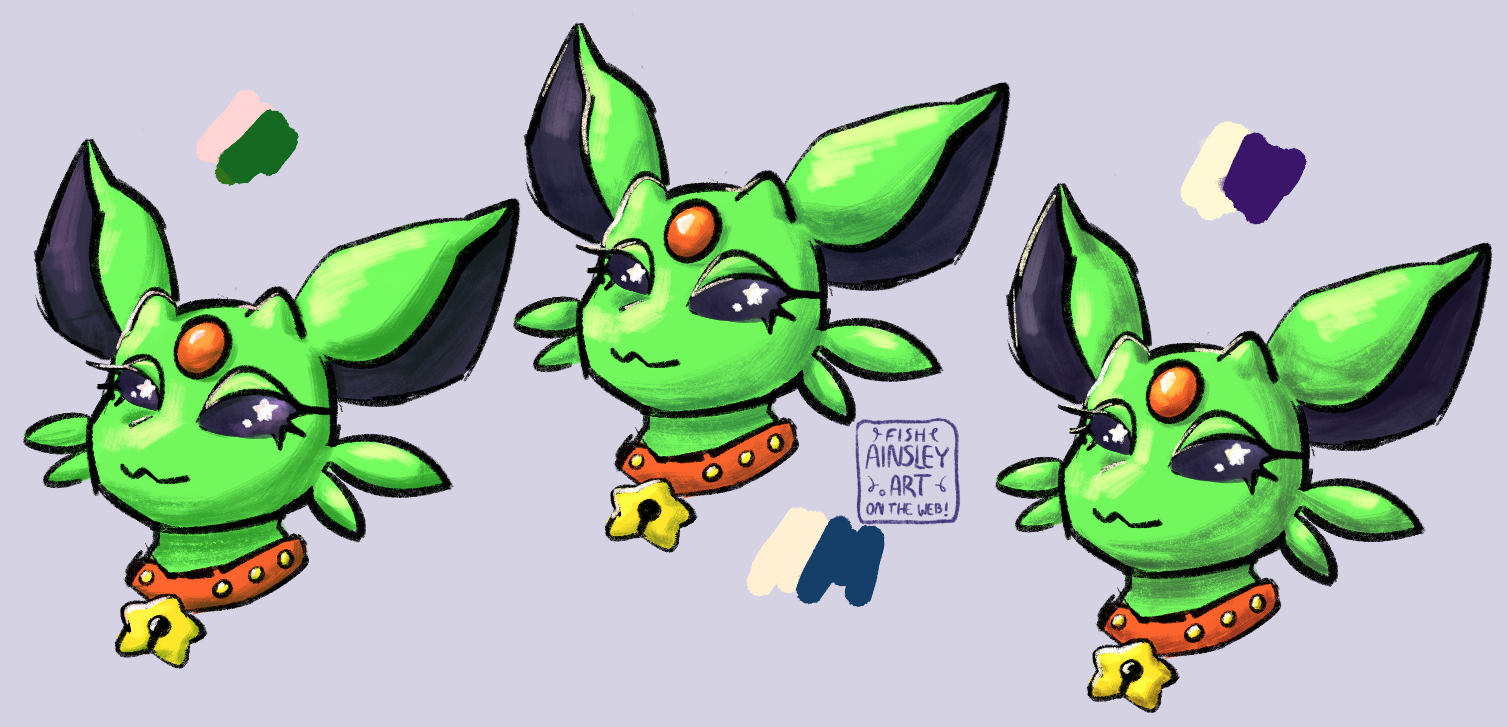 Three headshot drawings of Cosmo, an alien espeon. Each is shaded with a set of complimentary colors, with warm highlights and cool shadows— pink/green, orange/blue, and yellow/purple respectively,