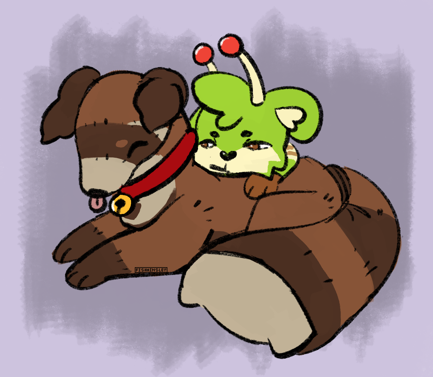 a drawing of a tired looking Tibby leaning against a relaxing Pillowing.