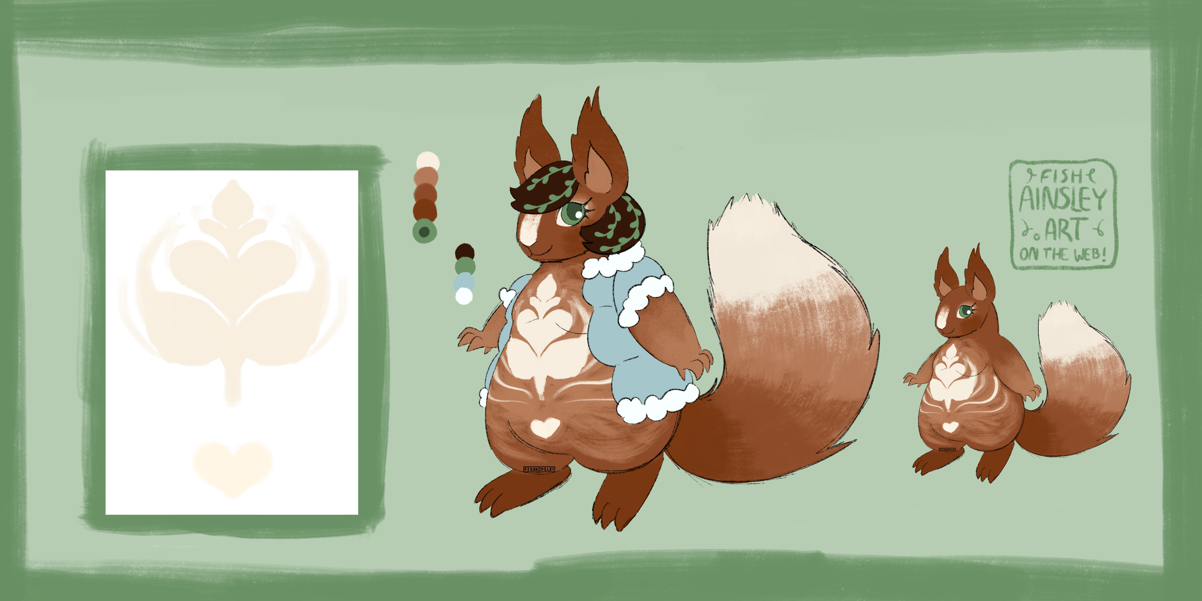  A charming Red Squirrel character with designs based on fanciful latte art. They have herbs in their hair and a blue puff vest. This character comes with a full reference sheet for only $25.