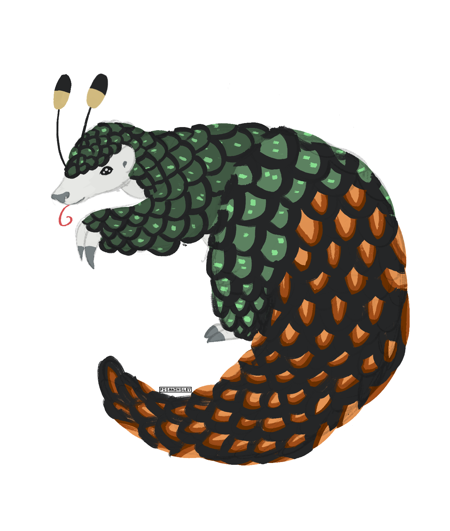 a sketchy drawing of a pangolin with insectoid features and colors and patterns reminiscent of a vivillion.
