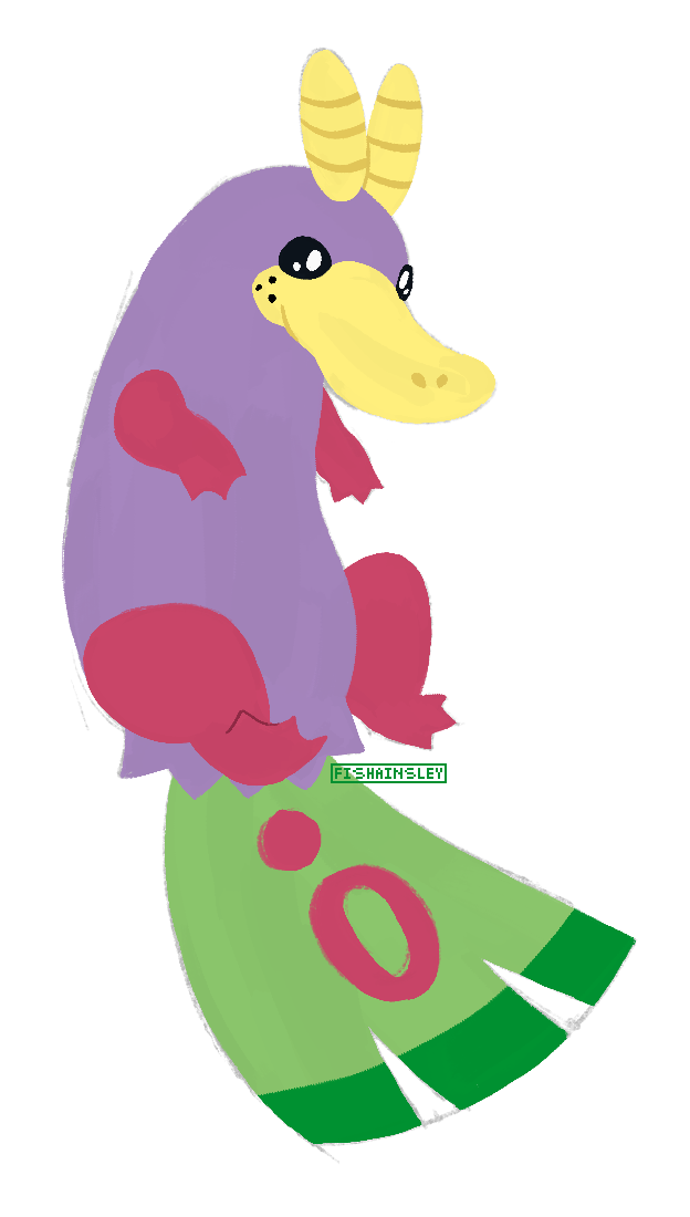 a drawing of a platypus with insectoid antenna and colors and patterns reminiscent of the pokemon dustox.