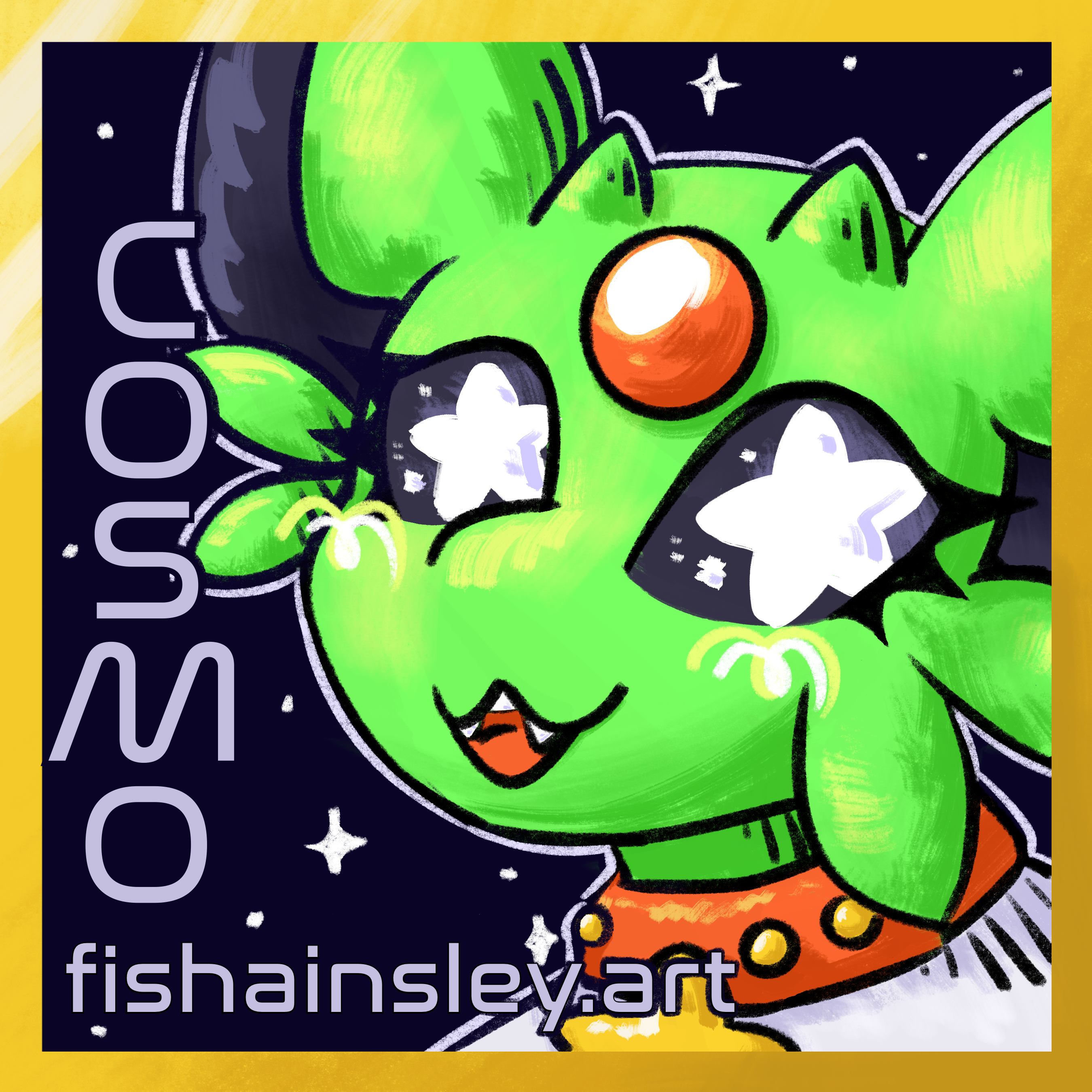 a headshot drawing of cosmo the espeon looking happy, with their name and the URL “fishainsley.art” written in a font reminiscent of the NASA logo.