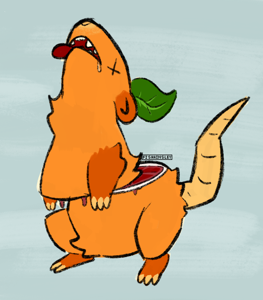 a drawing of an opossum character with a blood orange theme. the character has been sliced in half, the top sliding off of the bottom, and are pretending to be dead. they’re fine tho. dw about it.