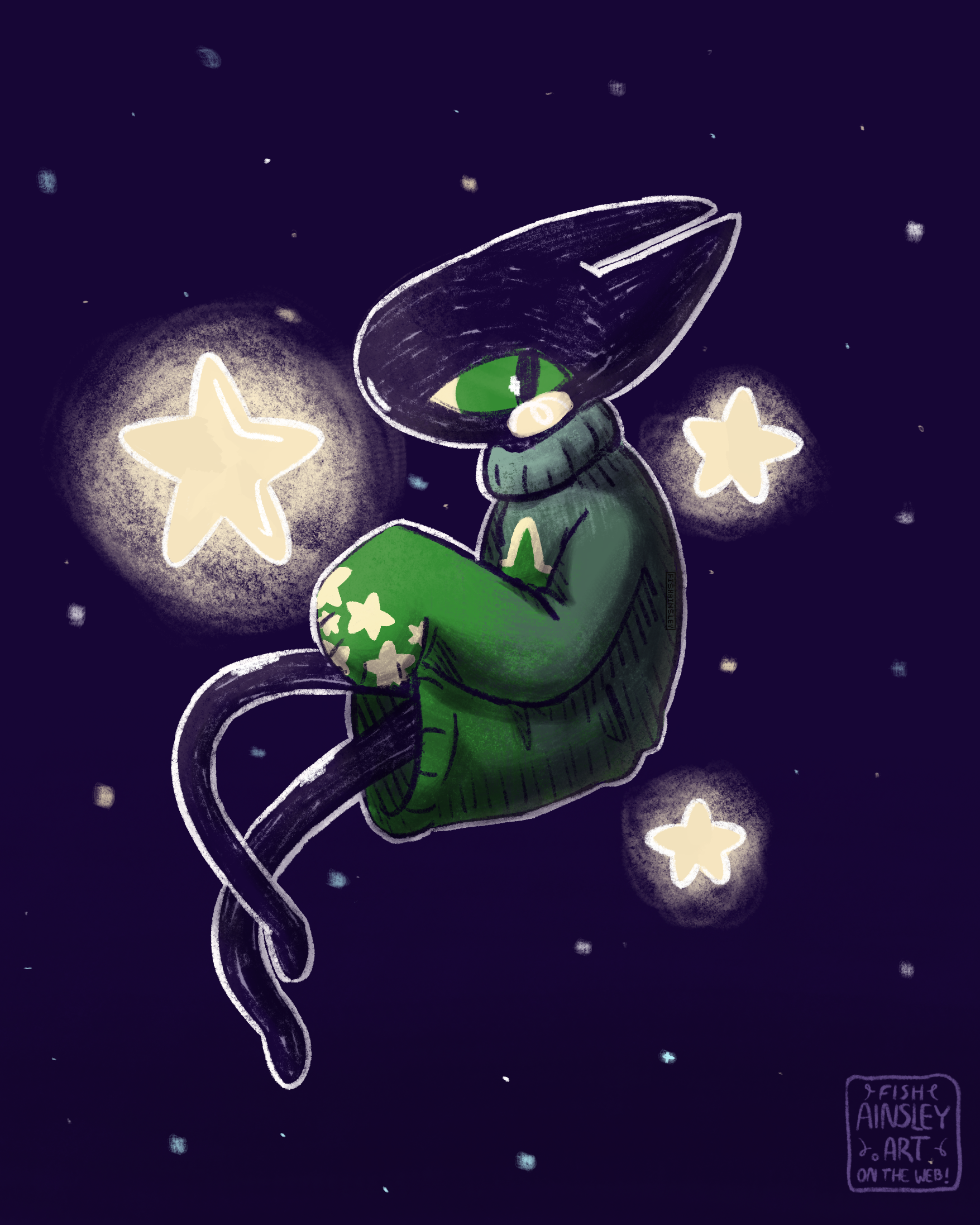 a drawing of a black, catlike abstract anthro wearing a green sweater with star motifs. The character is floating in empty space, surrounded by stars that are similar to the motifs on the sweater. 