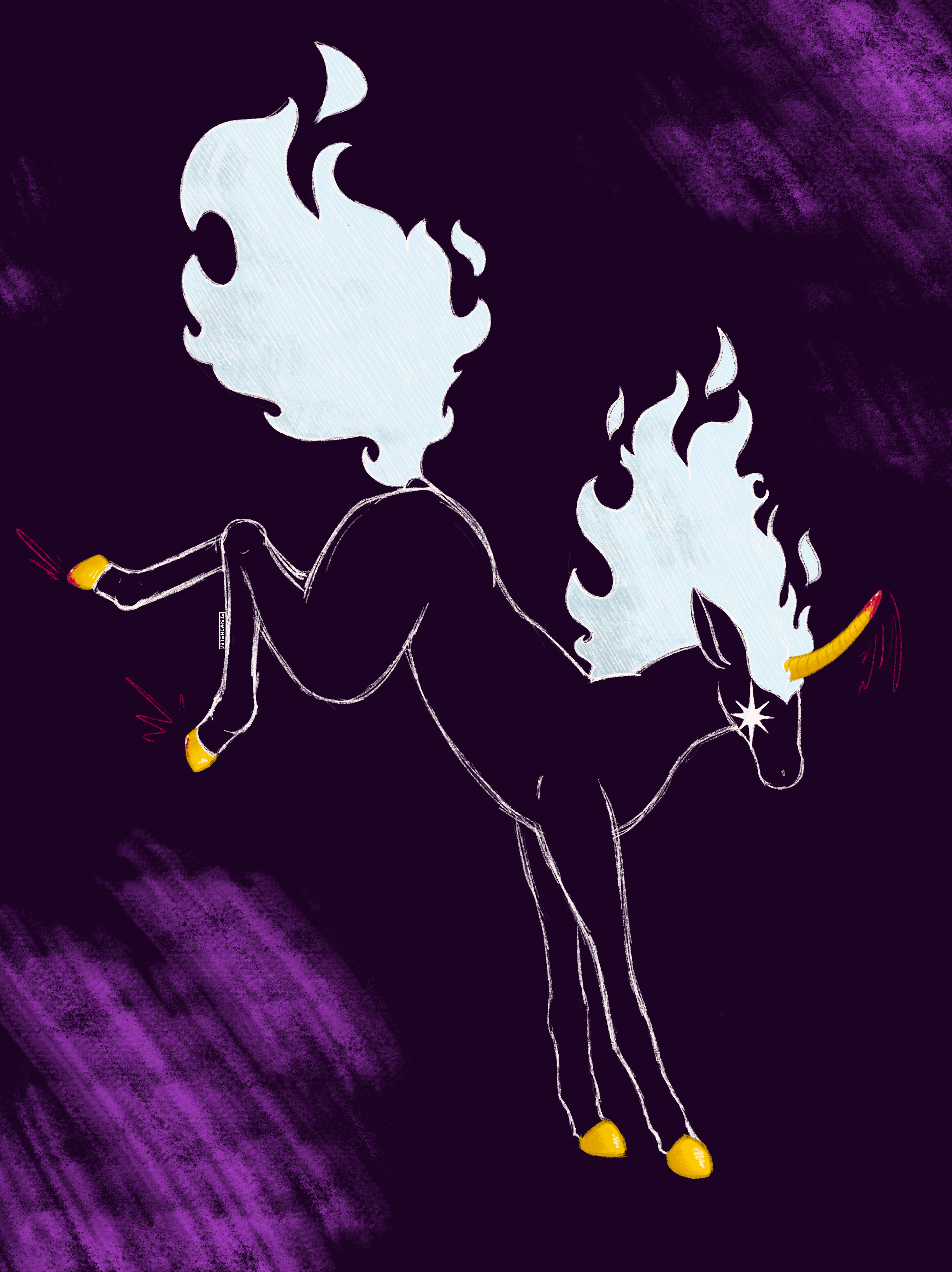  A drawing of a shadow-black unicorn with a fiery white mane and tail. It has glowing white eyes and a golden horn and hooves. It is kicking its back legs. There is blood on its hooves and horn.