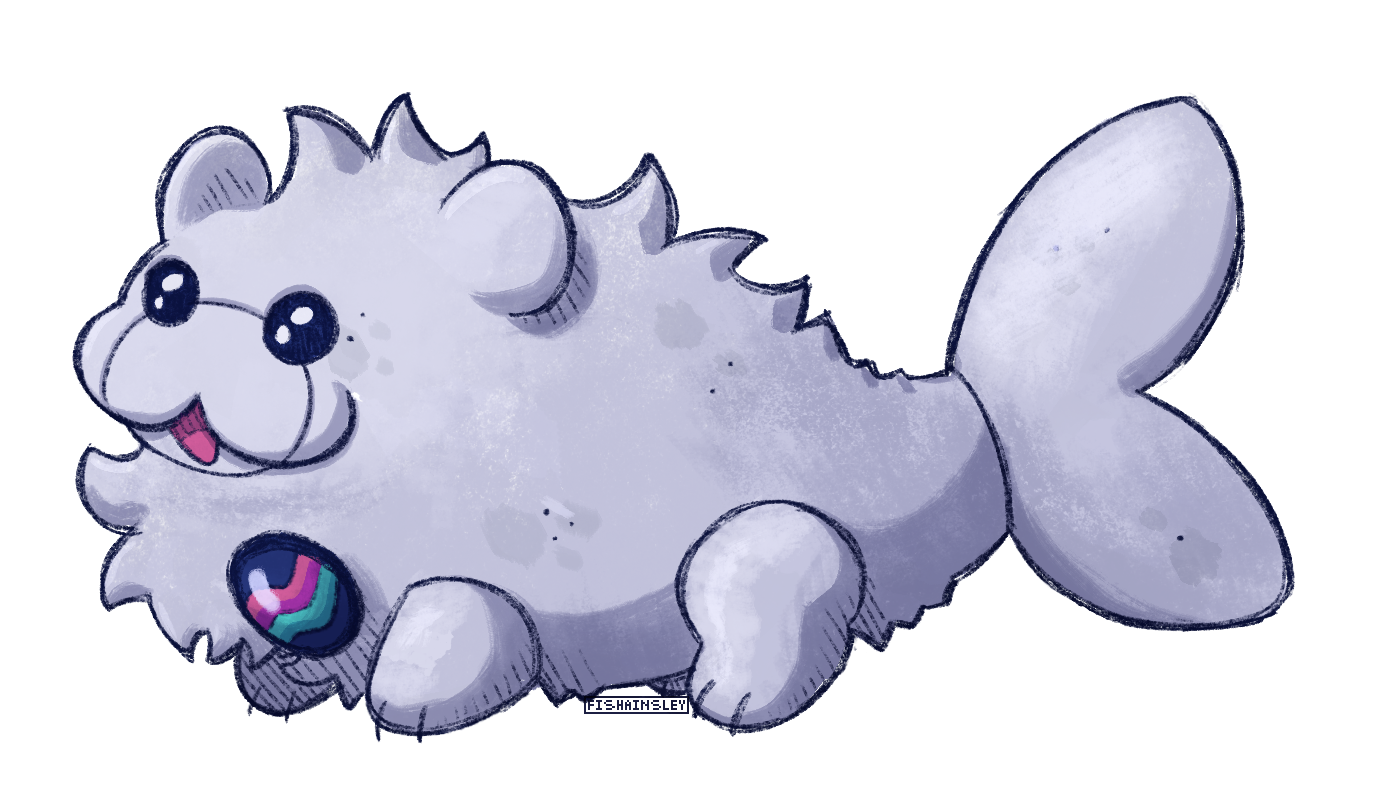  A drawing of a robot that resembles a white, fluffy seal but with 4 stubby legs.