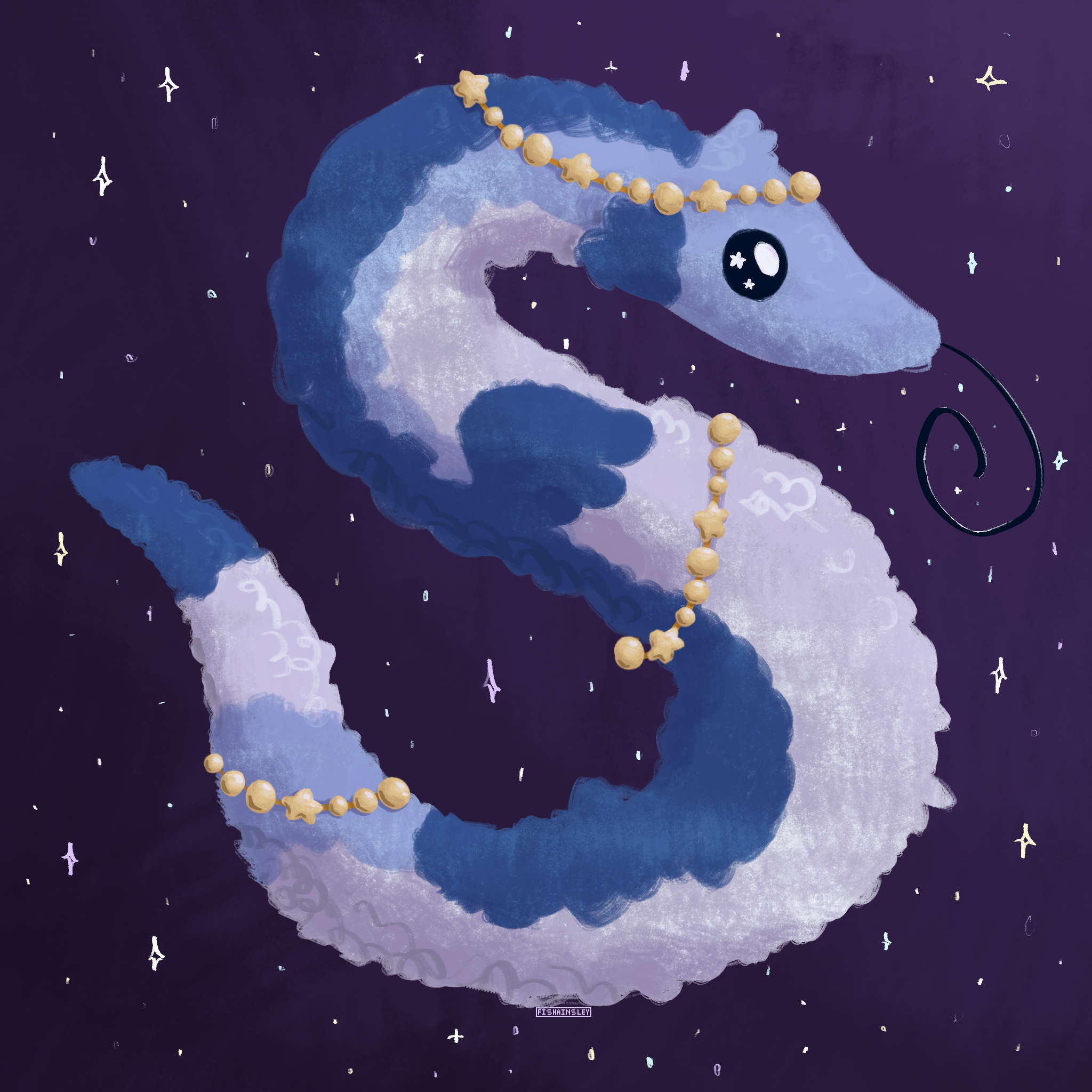  a drawing of a blue worm on a string with wing markings on a starry sky background.