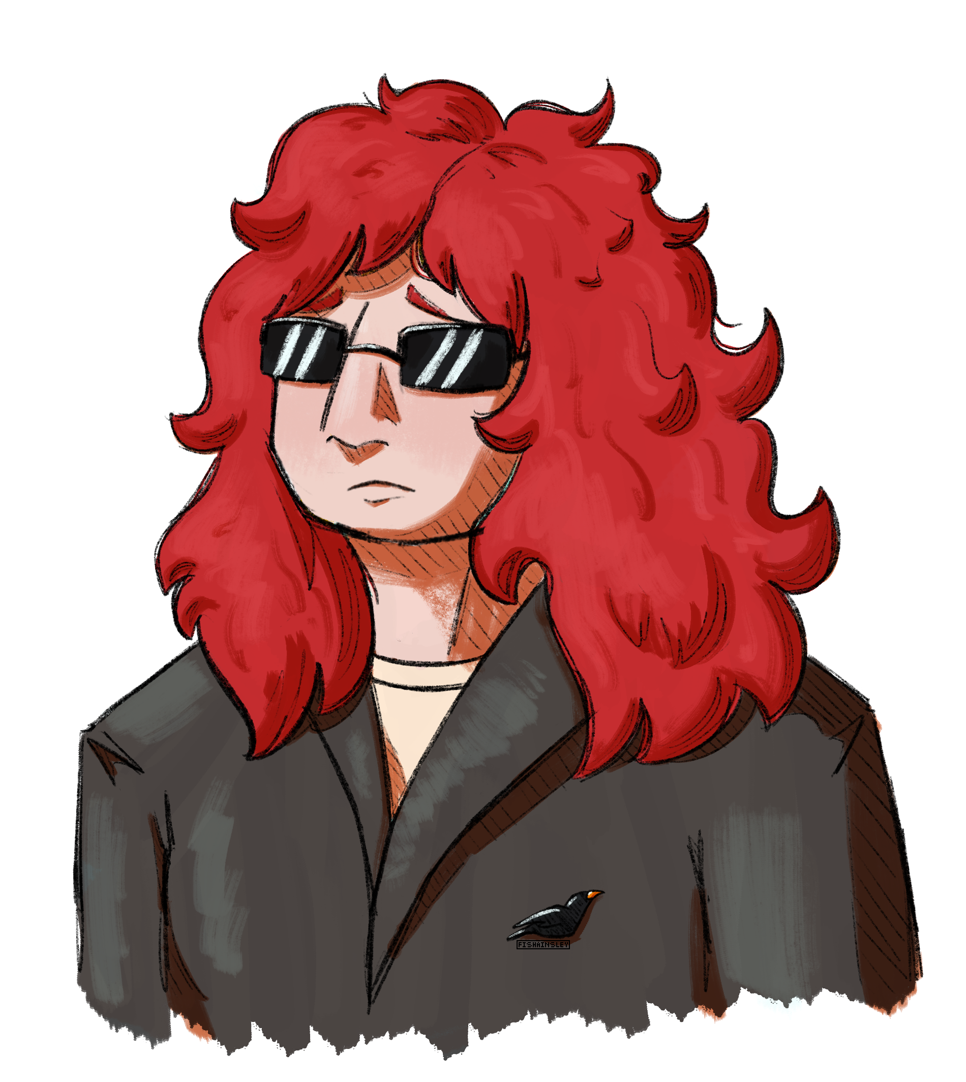 A drawing of a white, red-haired blind human wearing dark glasses, a trench coat, and a black bird lapel pin.