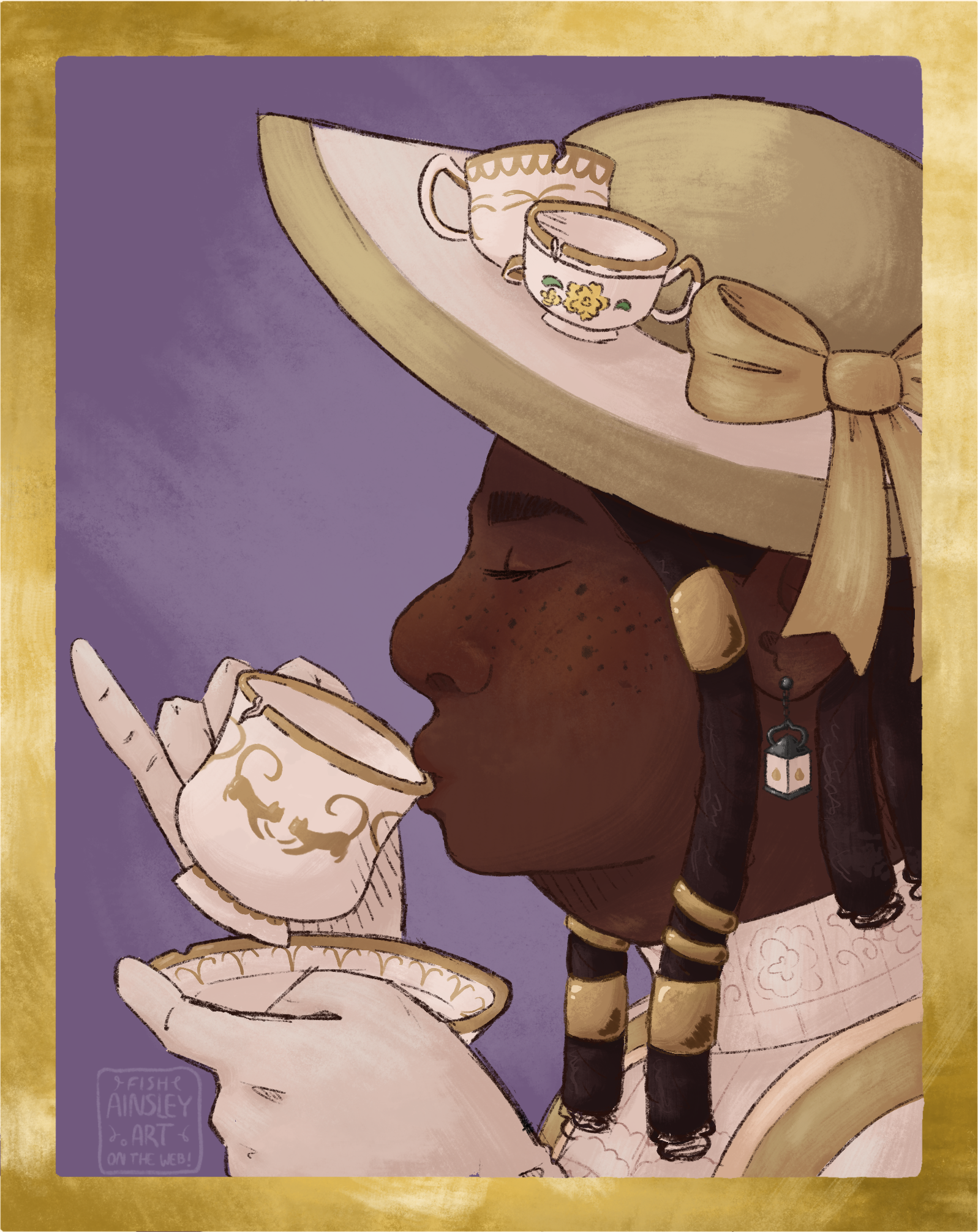 A drawing of a Black human woman in profile drinking tea from a chipped cup. She wears a large yellow hat with a bow and more chipped teacups. She has lantern earrings and gold jewelry attached to her locs. The image has a border that is meant to resemble a Fallen London opportunity card.